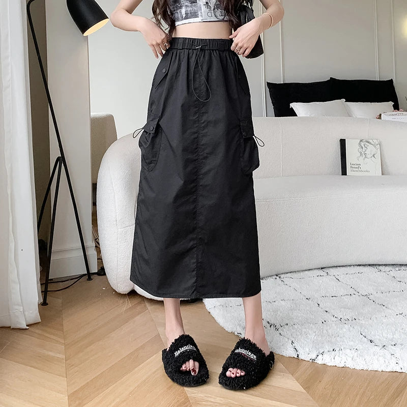 Apricot Elastic Waist Women's Cargo Skirt - Lace-Up Casual Streetwear Skirt in Grey & Black | Perfect for Summer Outfits, Music Festivals & Everyday Wear