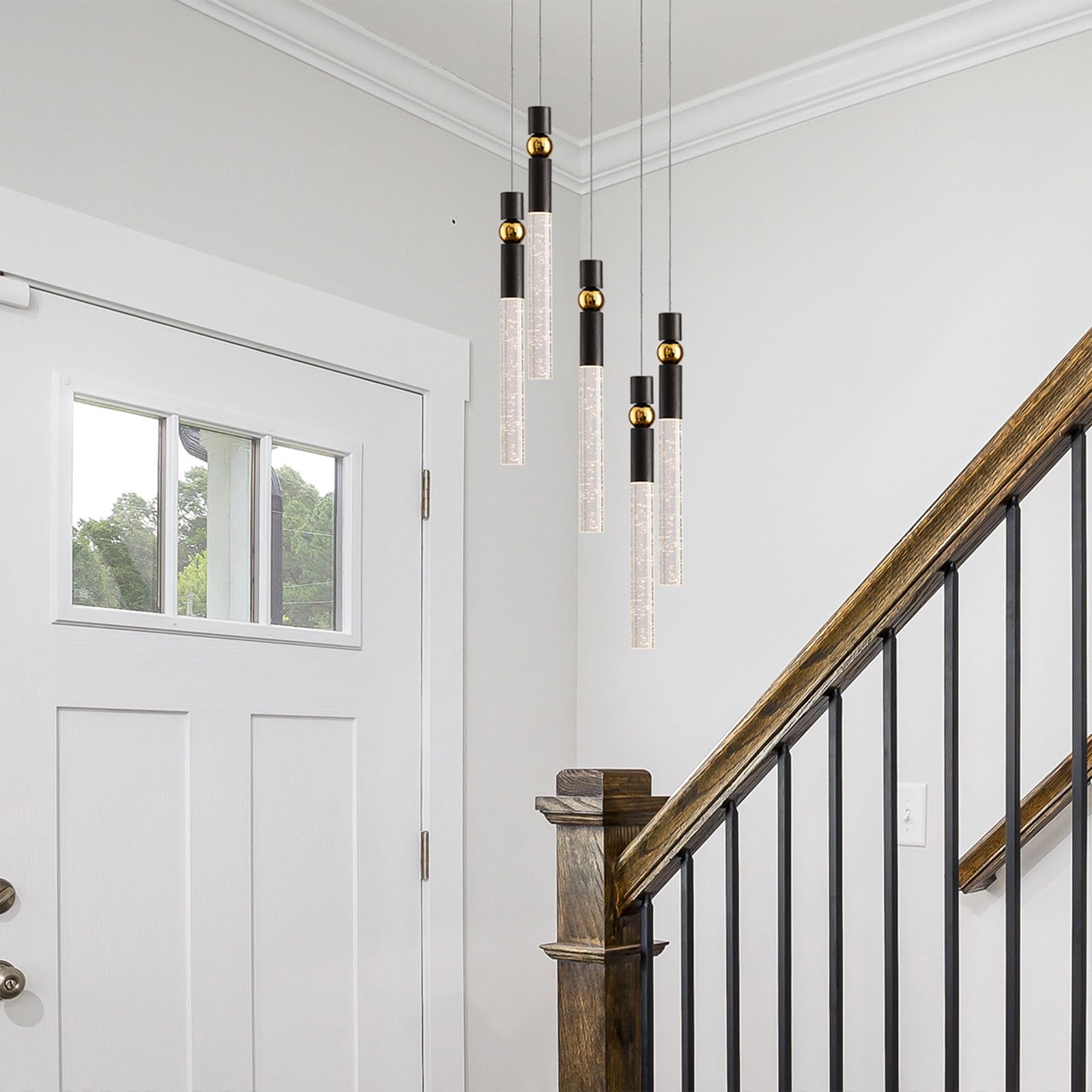 JoollySun Modern Crystal Pendant Light Fixture - 5-Light Cluster LED Chandelier for Kitchen Island, Dining Room Table in Black Gold Finish | Perfect for Contemporary Home Decor & Restaurant Lighting