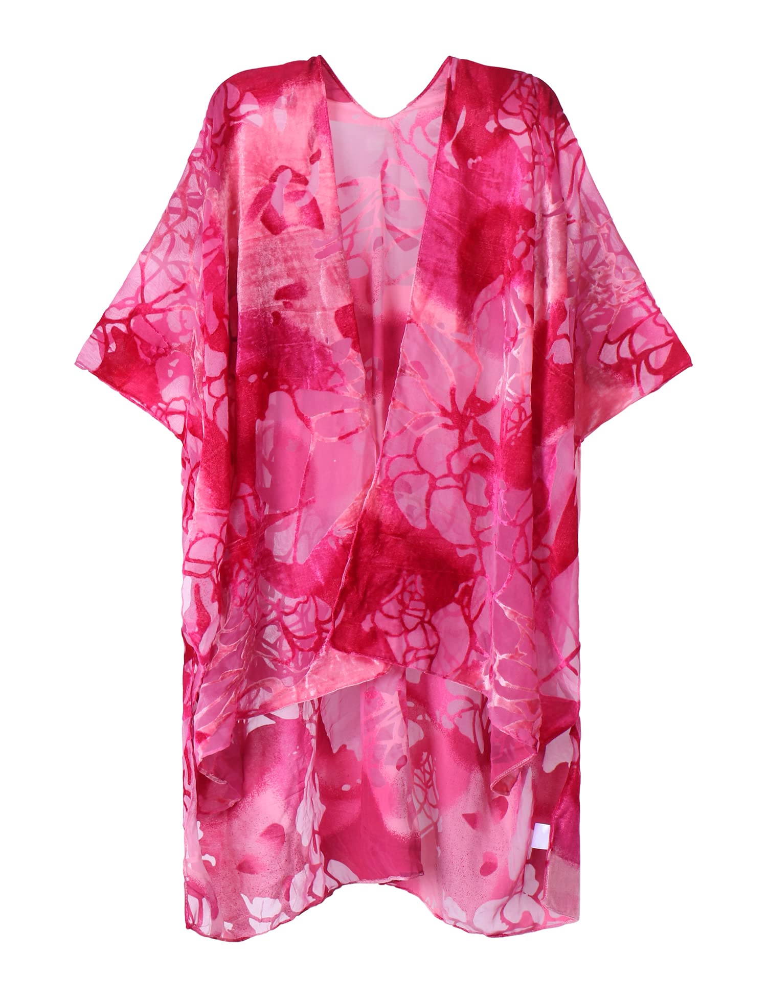 WeHello Women's Burnout Velvet Kimono Long Cardigan Cover Up - Soft Lightweight Open Front Duster Coat Without Tassel (Pink Floral Print) - Perfect for Beach Coverups, Loungewear, and Boho Outfits