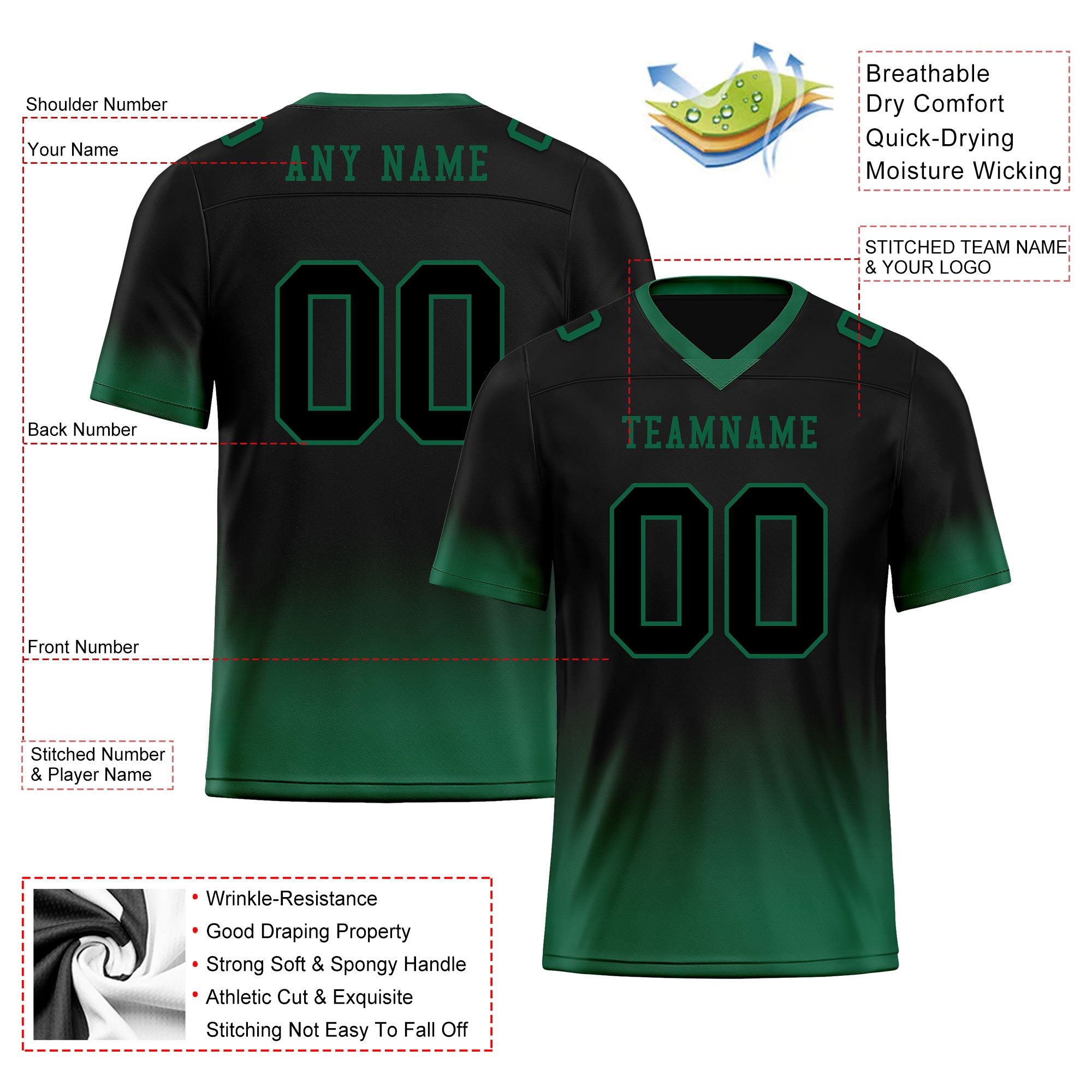 Custom Dark Green Fade Personalized Authentic Football Jersey - High-Quality Breathable Fabric for Game Day, Training & Fan Support (FBJ02 D06086)