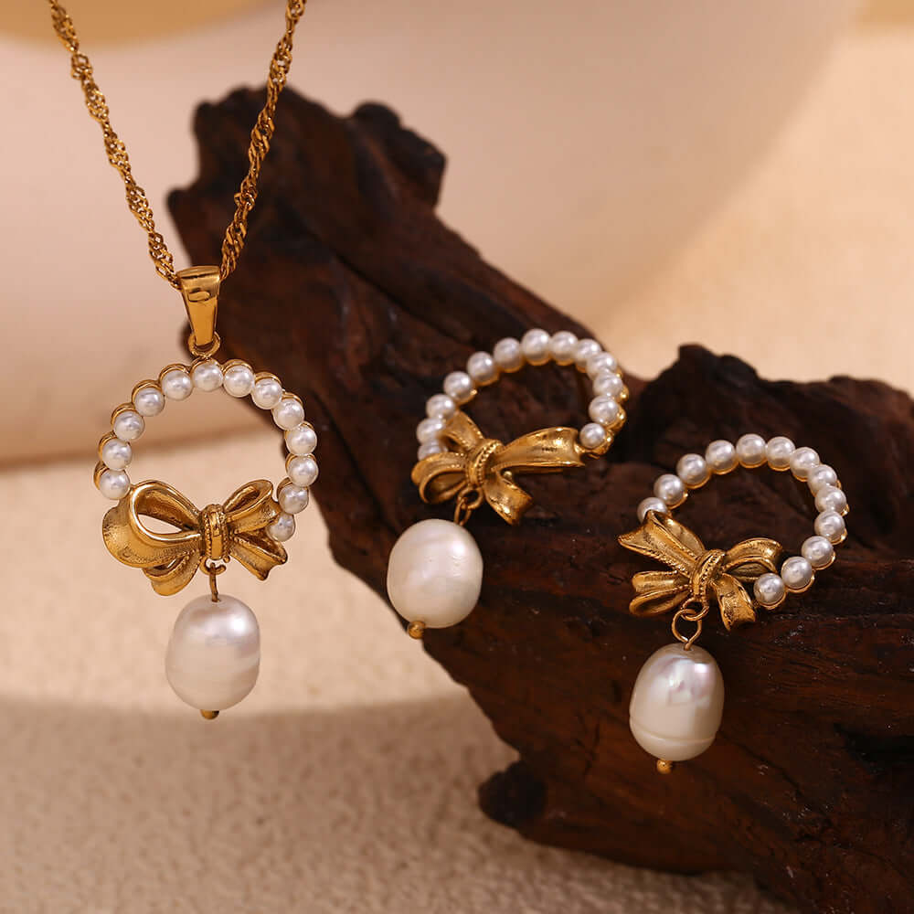 Elegant Gold Bow Pearl Drop Earrings for Women - Classic Dangle Earrings for Bridal, Party & Special Occasions | E7853