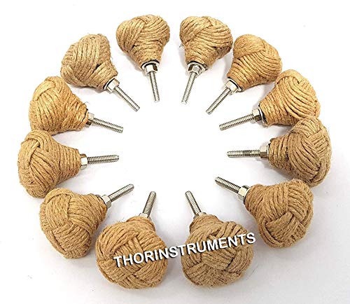 THOR INSTRUMENTS Set of 12 Nautical Jute Rope Drawer Pulls - Rustic Vintage Cabinet Knobs & Push Handles for Dresser, Wardrobe & Furniture Hardware - Perfect for Beach House, Coastal & Farmhouse Decor