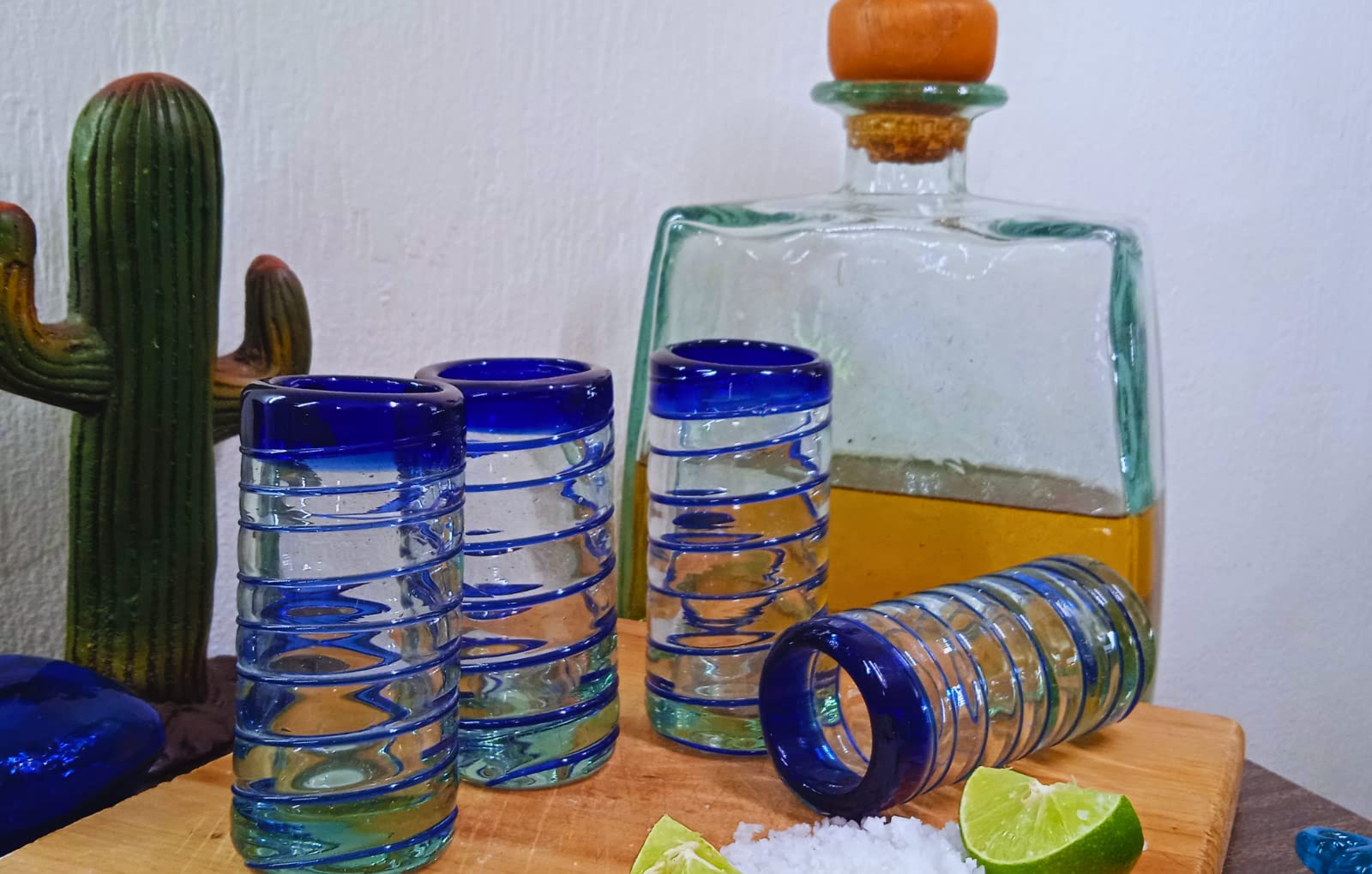 Authentic Mexican Tequila Shot Glasses Set - Hand Blown 2oz Tequila Glasses (4-Piece, Cobalt Blue Spiral Design) - Perfect for Parties, Cinco de Mayo Celebrations & Home Bar Decor