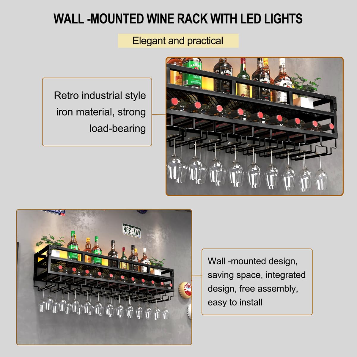Pengfei LED Wall Mounted Wine Rack - Industrial Metal Wine Shelf with Glass Holder, Large Floating Shelves for Wine Bottle Storage - Perfect for Home Bar, Dining Room Decor & Kitchen Display