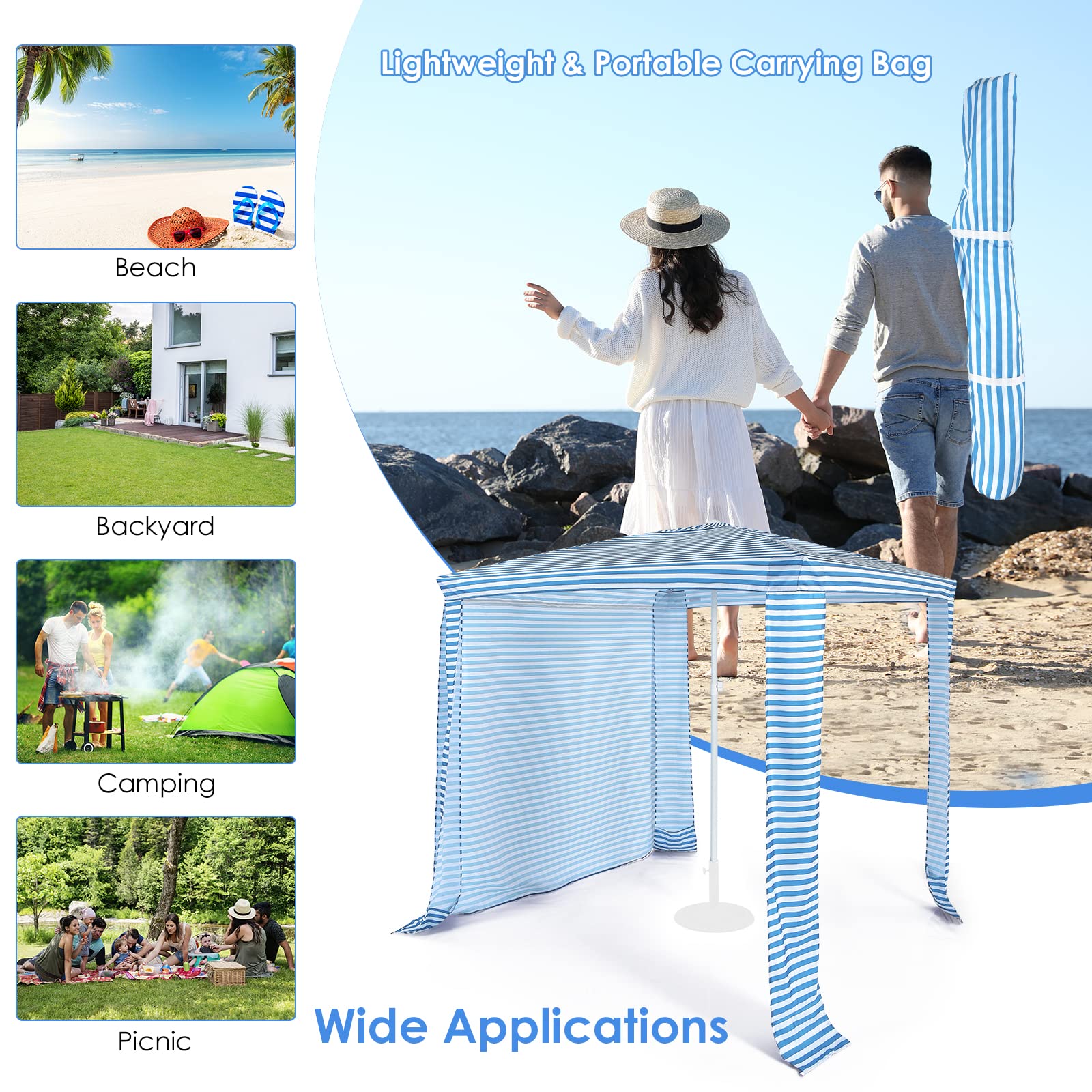 6.7’ x 6.8’ Portable Beach Cabana Tent - Easy Setup Sun Shelter with Adjustable Height, Detachable Sidewall, Carry Bag & 4 Sandbags (NP10352BL) - Perfect for Beach, Poolside, Camping & Outdoor Family Gatherings