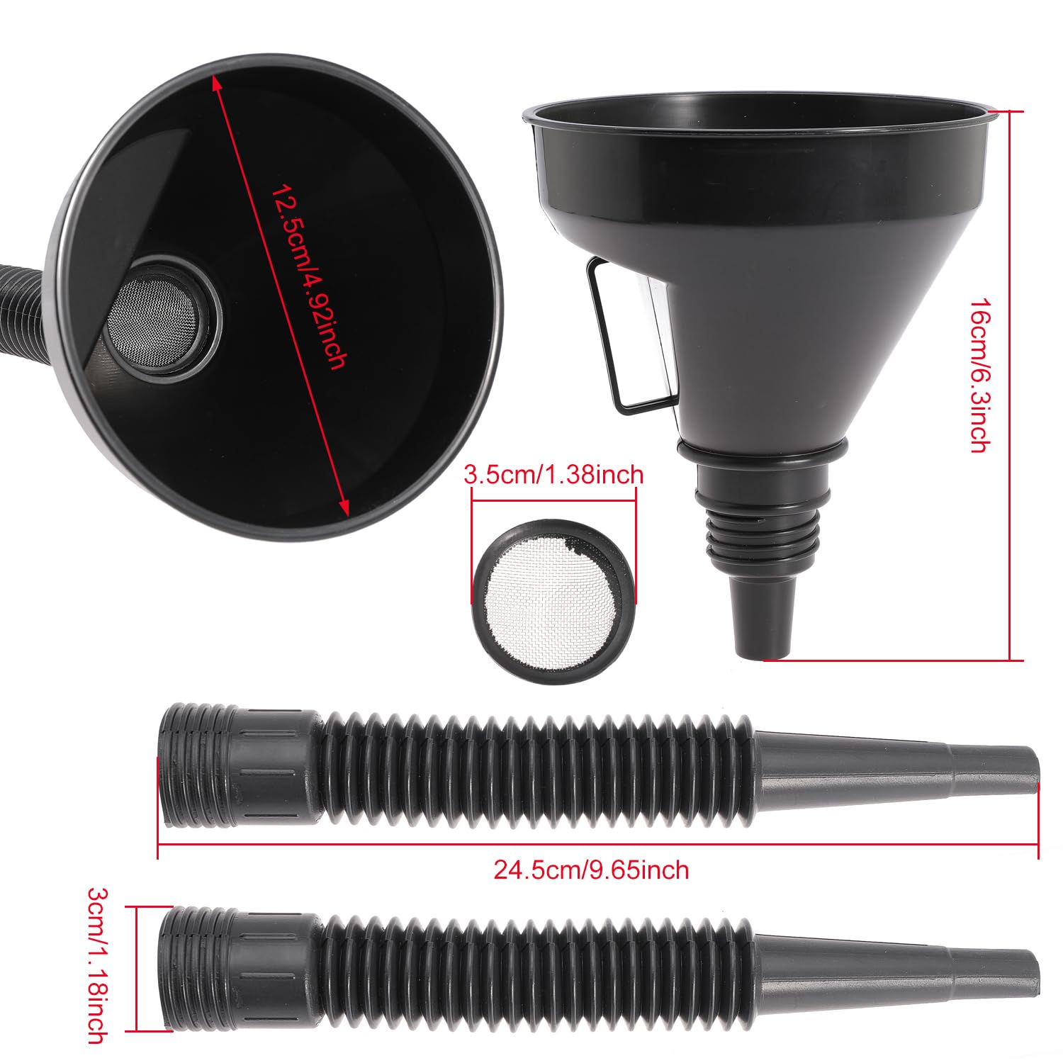 Large Plastic Automotive Funnel - Wide Mouth Oil Funnel with Flexible Extension Nozzle & Hose - Car Fuel Funnel with Handle & Mesh Screen - Perfect for Cars, Engine, RV, Water, Gas & Liquid Transmission (Black, 1-Pack)