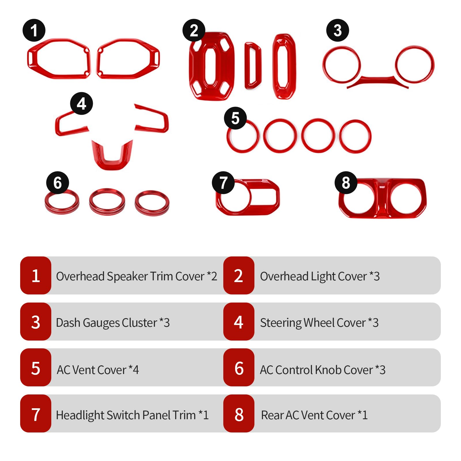 RT-TCZ Red Interior Trim Cover Kit for Jeep Wrangler JL & JLU (2018-2023) - 20pcs AC Vent Rings - Upgrade Your Ride's Style - Perfect for Off-Road Adventures & Custom Car Mods