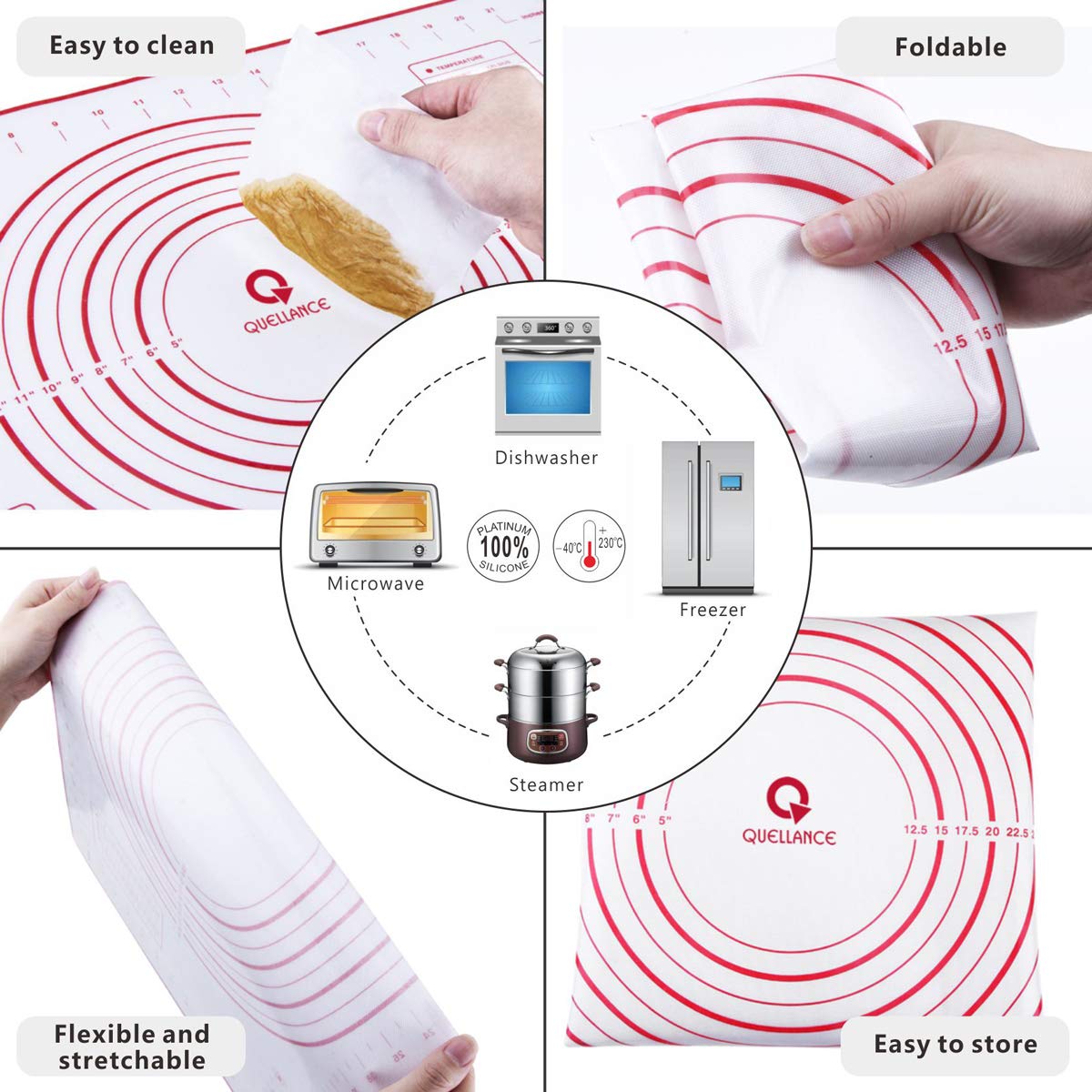 Premium Rolling Pin & Pastry Baking Mat Set - Adjustable Thickness Rings, Stainless Steel Dough Roller for Fondant, Pizza, Pie, Pasta, Cookies - Ideal for Home Bakers & Professional Kitchens (Red Non-Slip Mat)