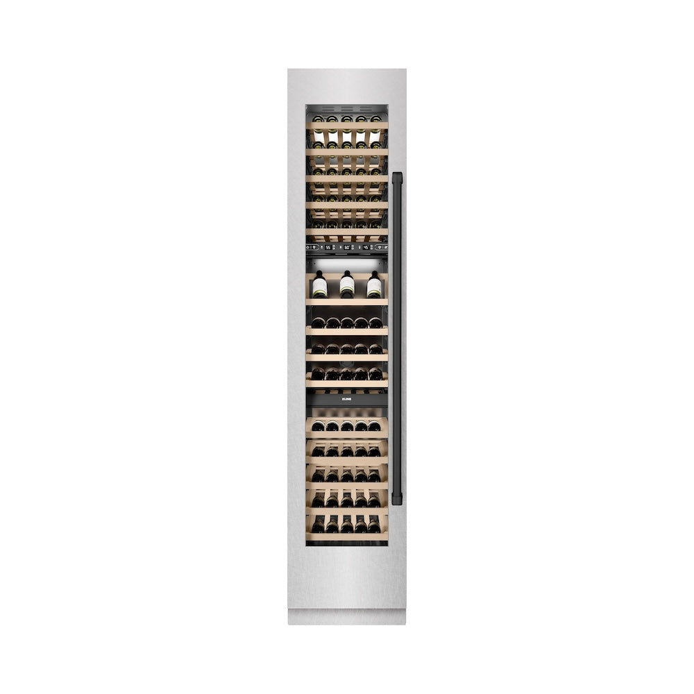 ZLINE Autograph Edition 18-Inch 9.0 cu ft Triple Zone 68-Bottle Left Hinge Wine Cooler - Satin Stainless Steel with Matte Black Accents - Perfect for Home Bars, Wine Cellars & Entertaining Spaces (RCWVLZ SN 18 MB)
