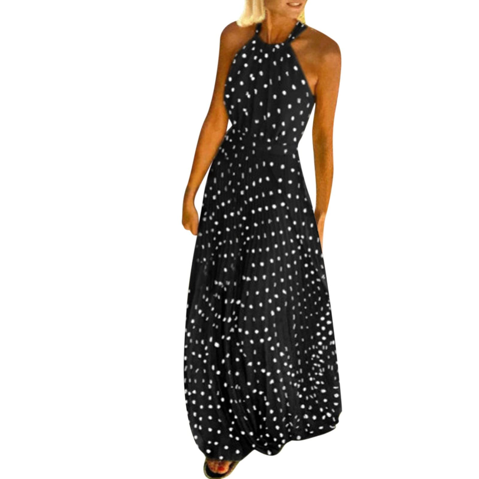 Women's Spring Fashion Dress - Polka Dot Print Halter Sleeveless Pleated Backless Zipper Dress for Holiday, Party & Summer Vacation