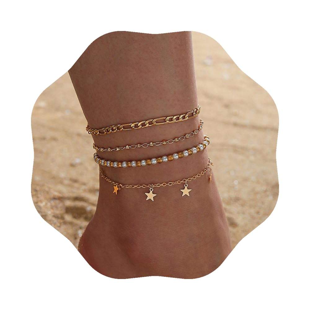 Wekicici Star Pearl Beads Ankle Bracelet - Boho Handmade Gold Layered Chain Anklet for Women & Girls | Perfect for Beach, Summer Outfits & Festival Accessories