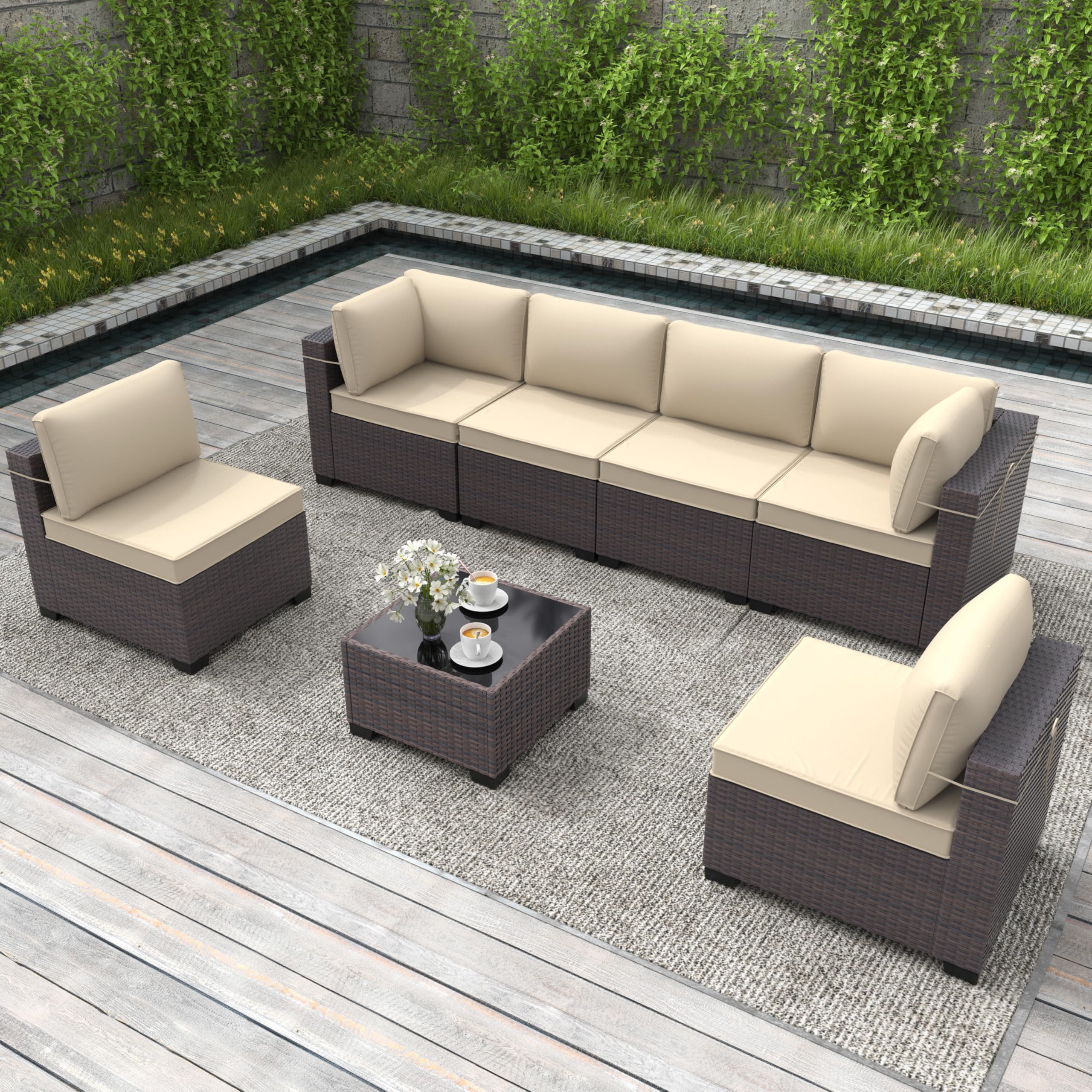7-Piece Gotland Outdoor Patio Furniture Set - All-Weather PE Wicker Sectional Sofa with Replaceable Khaki Cushions & Coffee Table - Perfect for Backyard, Garden, Poolside or Deck Relaxation