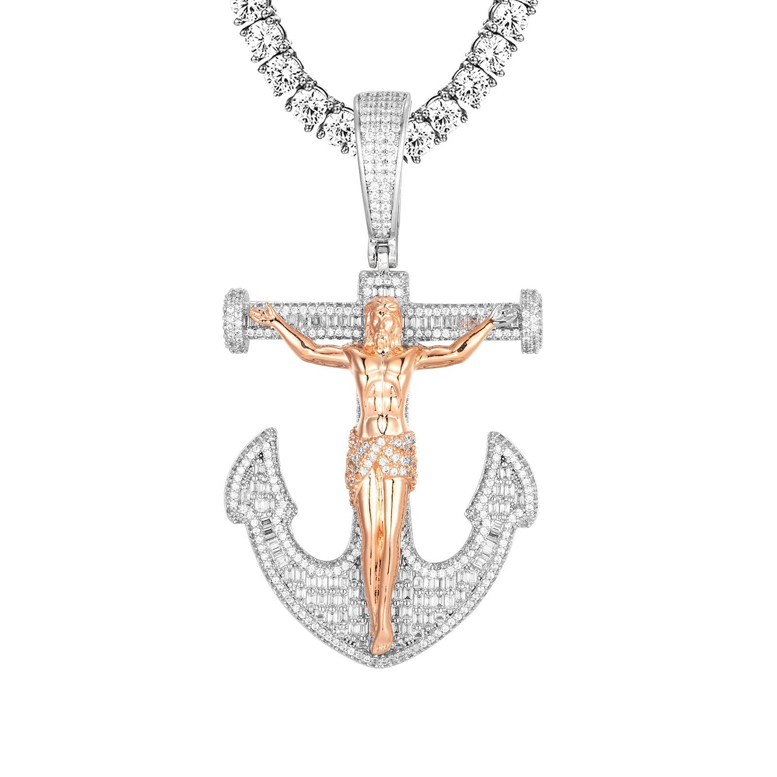 Men's Cross Anchor Jesus Iced Out Rose Gold Tone Pendant Necklace - Religious Jewelry Gift for Baptism, Confirmation & Everyday Wear