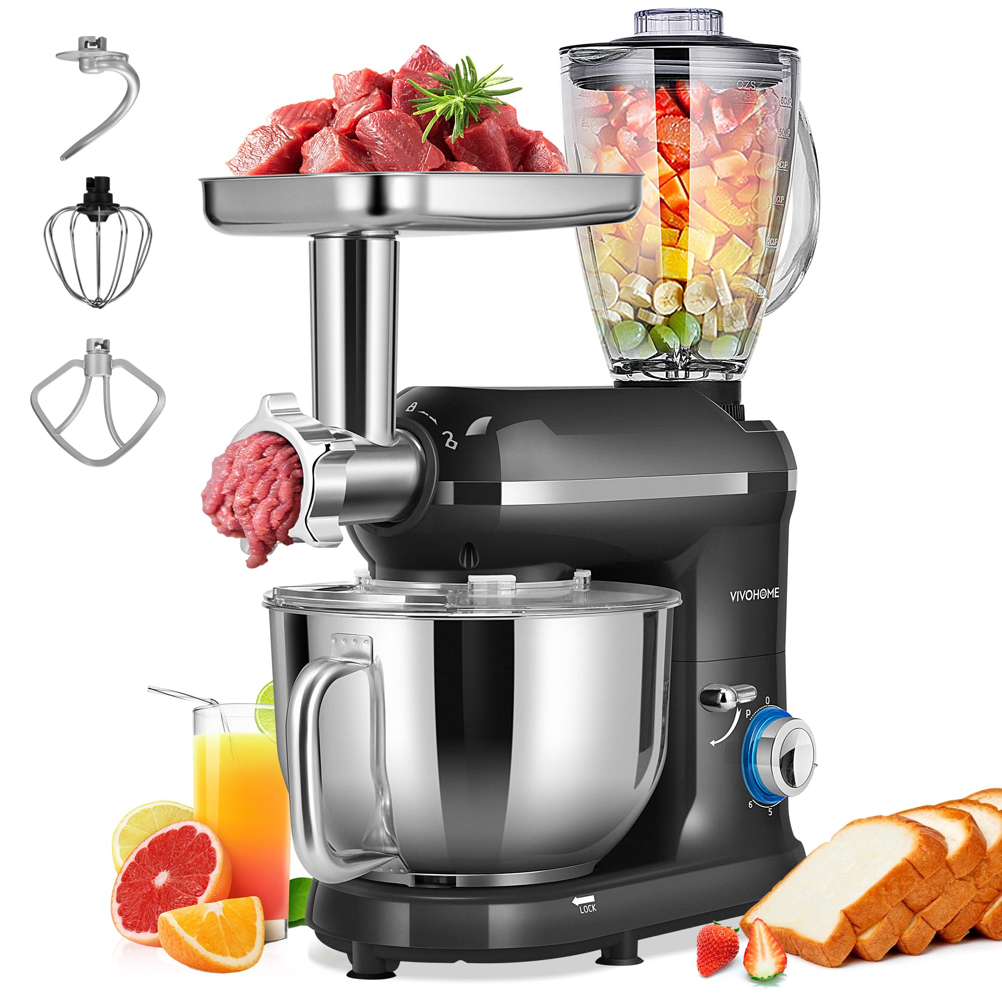 VIVOHOME 3-in-1 Stand Mixer with 6QT Stainless Steel Bowl, 650W 6-Speed Tilt-Head Meat Grinder & Juice Blender - Perfect for Baking, Cooking & Smoothie Making - Black