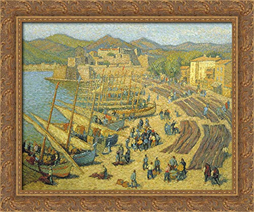 Henri Martin 'Fishing Boats at Collioure' 24x20 Inch Gold Ornate Wood Framed Canvas Art Print - Premium Wall Decor for Living Room, Bedroom & Office