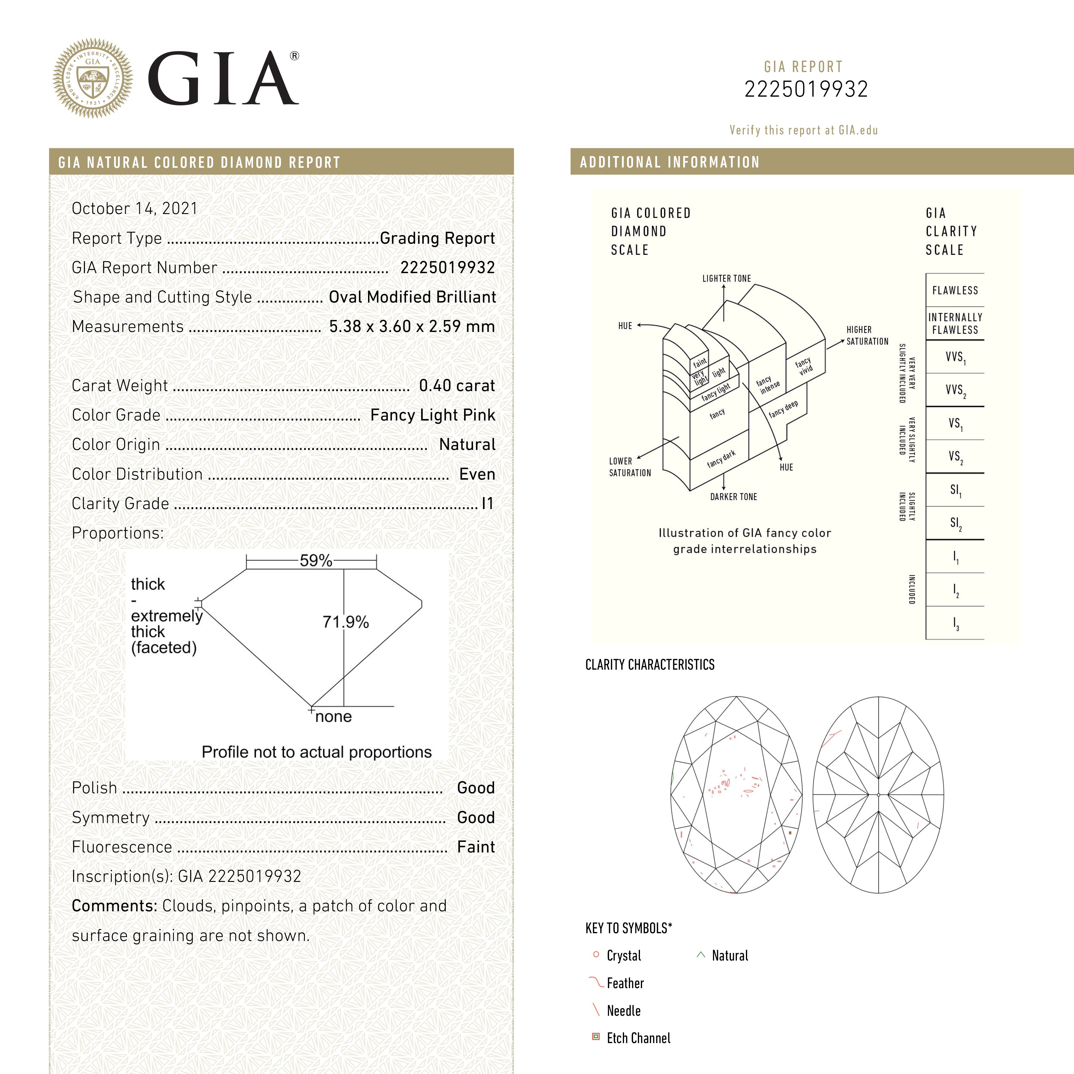 0.40ct GIA Certified Fancy Light Pink Oval Diamond (5.38x3.60x2.59mm) - I1 Clarity Brilliant Cut for Engagement Rings & Fine Jewelry