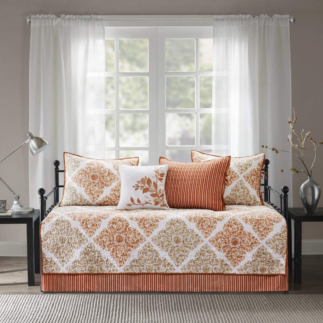 6-Piece Orange White Floral Daybed Set - Geometric Coastal French Country Shabby Chic Bedding with Flower Design Pattern, Includes Bedskirt & Pillows (Polyester) - Perfect for Beach Houses, Guest Rooms & Boho Chic Bedrooms