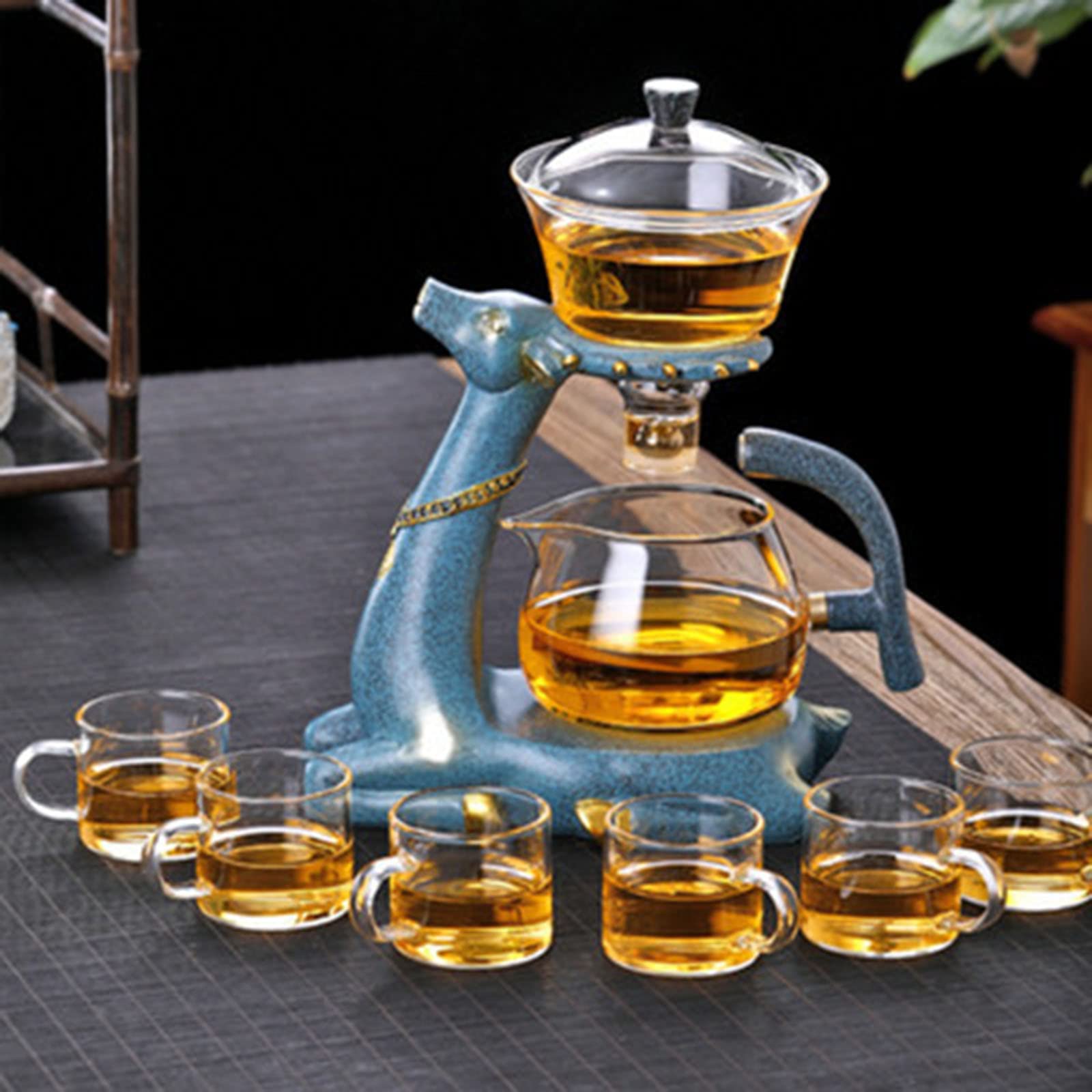 Premium Glass Tea Set - Lazy Kung Fu Semi-Automatic Tea Maker with Magnetic Water Diversion Lid, Deer Crystal Glass Teapot & 6 Cups - Perfect Gift for Tea Lovers, Home & Office Use