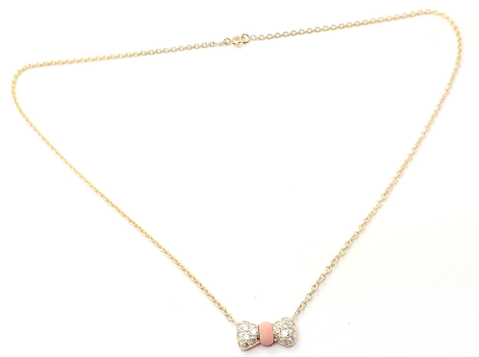 Authentic Van Cleef & Arpels 18k Yellow Gold Diamond Coral Bow Pendant Necklace - Luxury Jewelry Gift for Women, Perfect for Weddings & Special Occasions