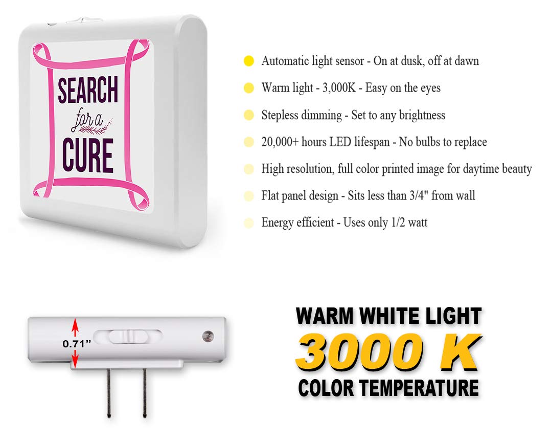 Dimmable LED Night Light with Auto On/Off Sensor - Adjustable Brightness, Warm White Light for Bathroom, Hallway, Nursery & Bedroom - Perfect for Nighttime Safety & Convenience - Supports Breast Cancer Awareness