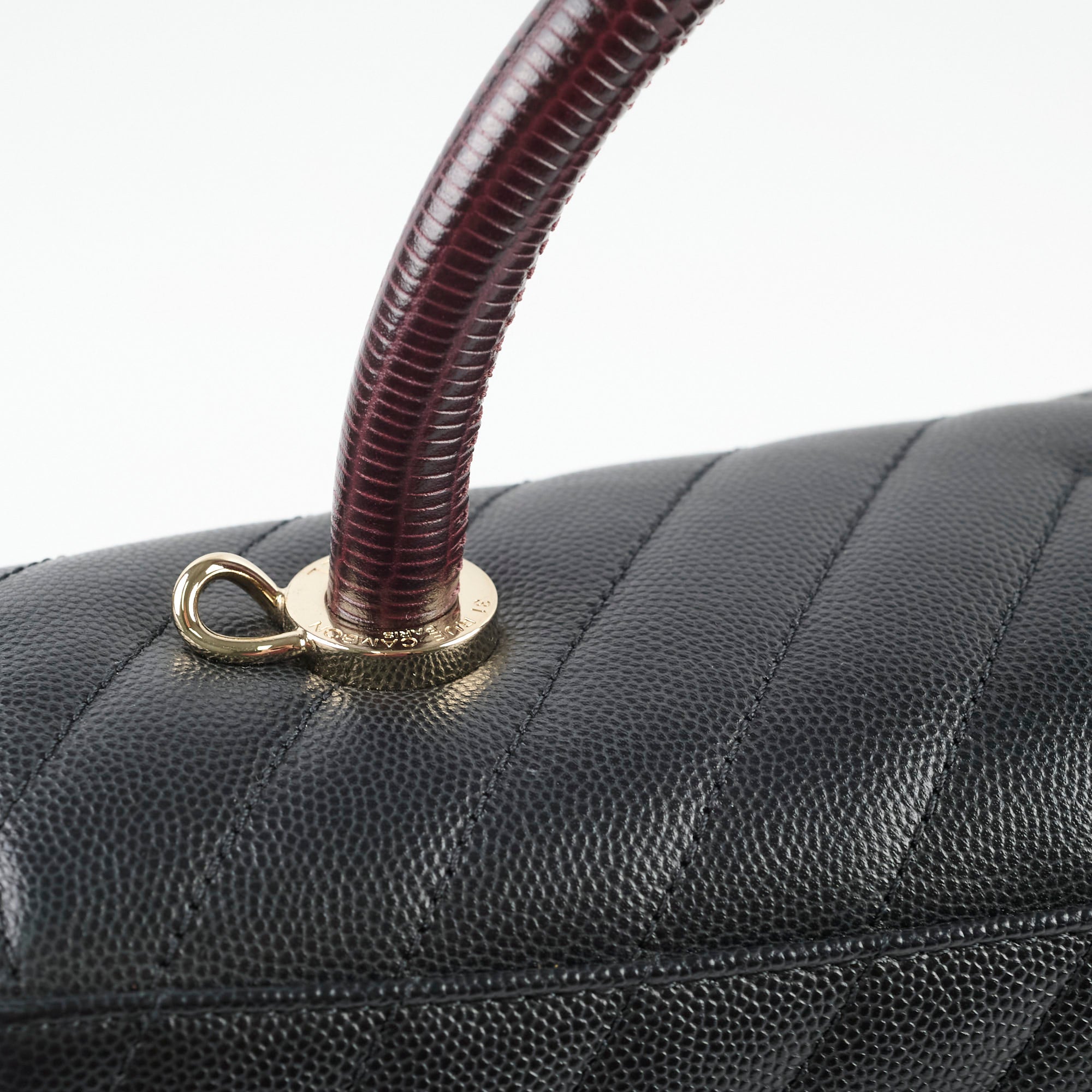 Chanel Medium Coco Handle Bag - Black Chevron Leather with Lizard Top Handle | Luxury Designer Handbag for Women, Perfect for Work, Parties & Special Occasions