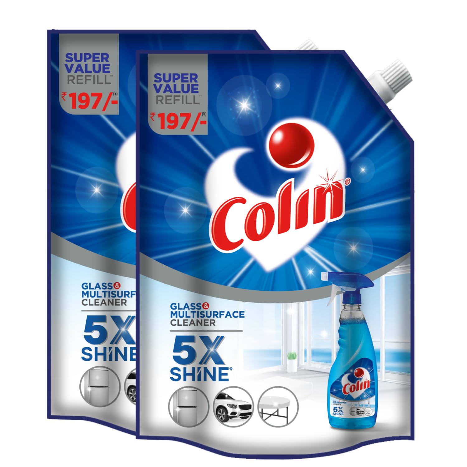 Colin Glass and Surface Cleaner Liquid Refill - 1 Liter x 2 Pack | Multi-Purpose Cleaner for Car, Kitchen, Home & Office | Streak-Free Formula for Windows, Mirrors & Countertops | Perfect for Daily Cleaning & Shine