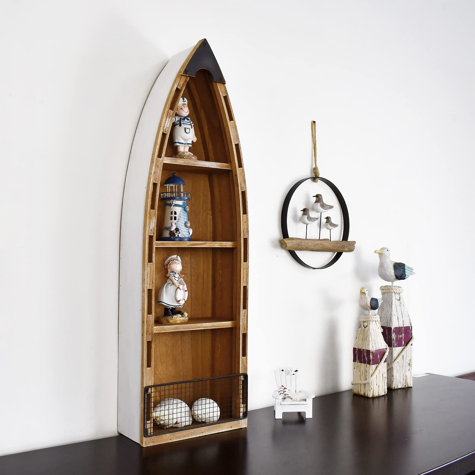 Wooden Boat Shelf - Decorative Nautical Bookshelf for Wall or Tabletop | Perfect for Beach Theme Bathroom, Living Room, Nursery & Coastal Farmhouse Decor | Lake House, Boat & Ocean Inspired Home Accents