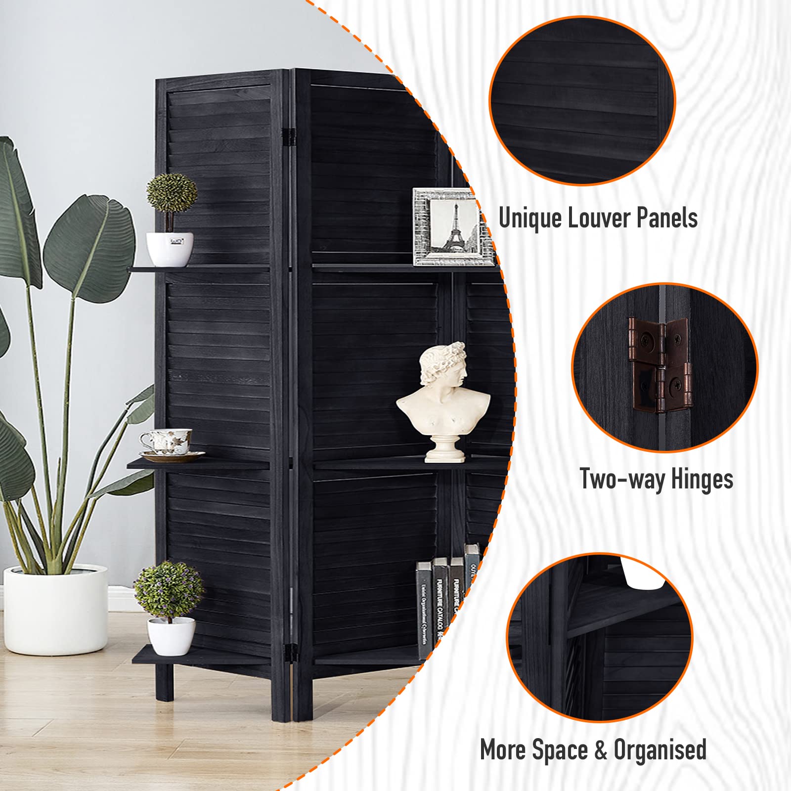 5.6 Ft Tall Wood Room Divider with Shelves - 5 Panel Folding Privacy Screen & Wall Partition for Home, Office, or Studio (Black) | Space Separator for Living Room, Bedroom, and Workspace