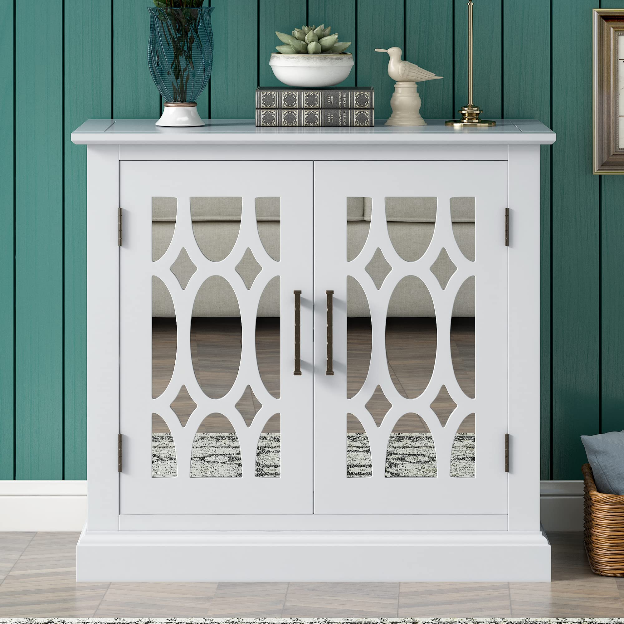 Modern White Wooden Accent Storage Cabinet with Mirror Door & Interior Shelf - Entryway Console, Living Room Sideboard, Bedroom Dresser & Kitchen Storage Organizer - Home Decor & Functional Furniture