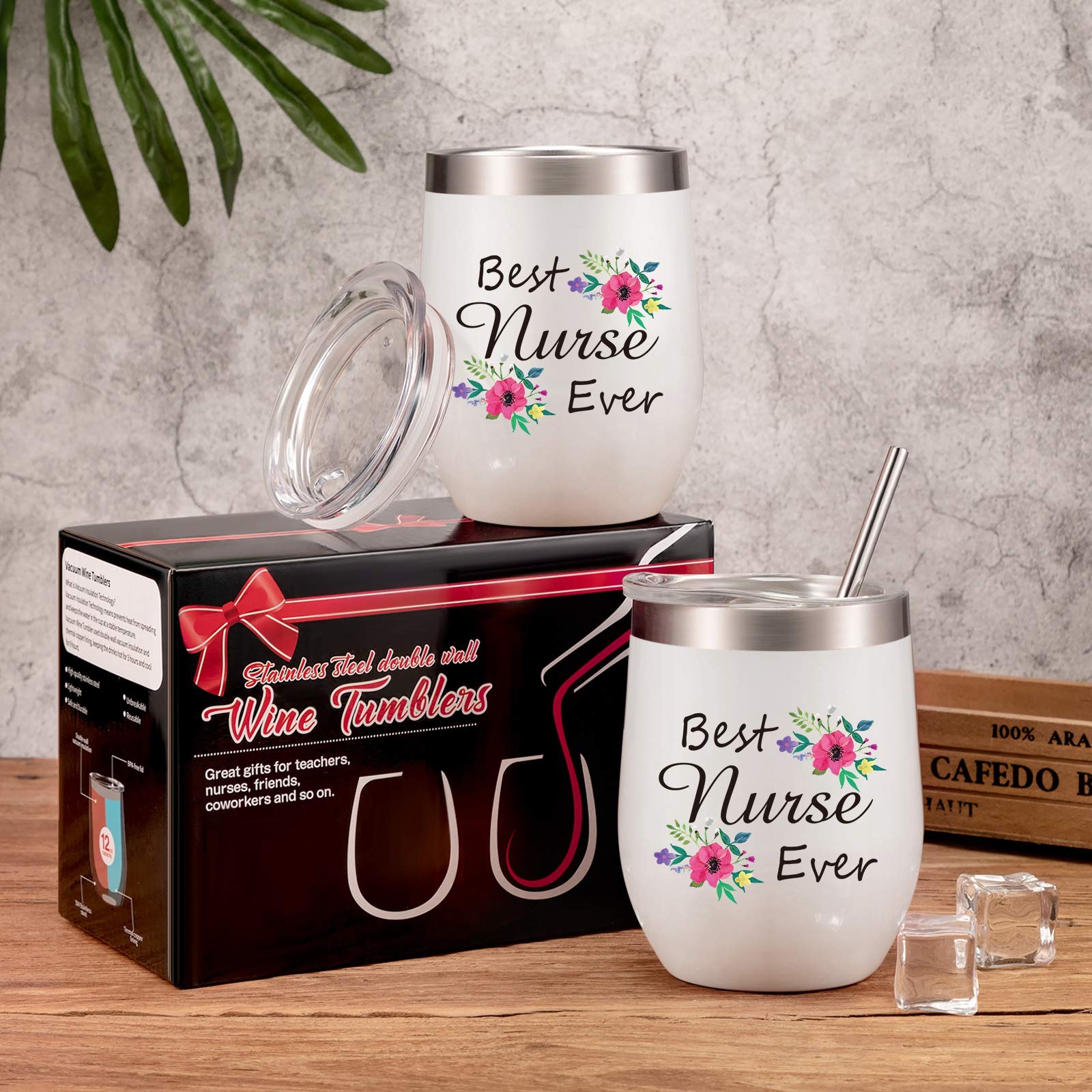 2-Pack Best Nurse Ever Stainless Steel Wine Tumblers - 12 oz Insulated Cups with Lid & Straw - Perfect Nurse Practitioner Gifts for Graduation, Birthday & Nurse Week - Ideal for Hospitals, Clinics & Home Use (White)