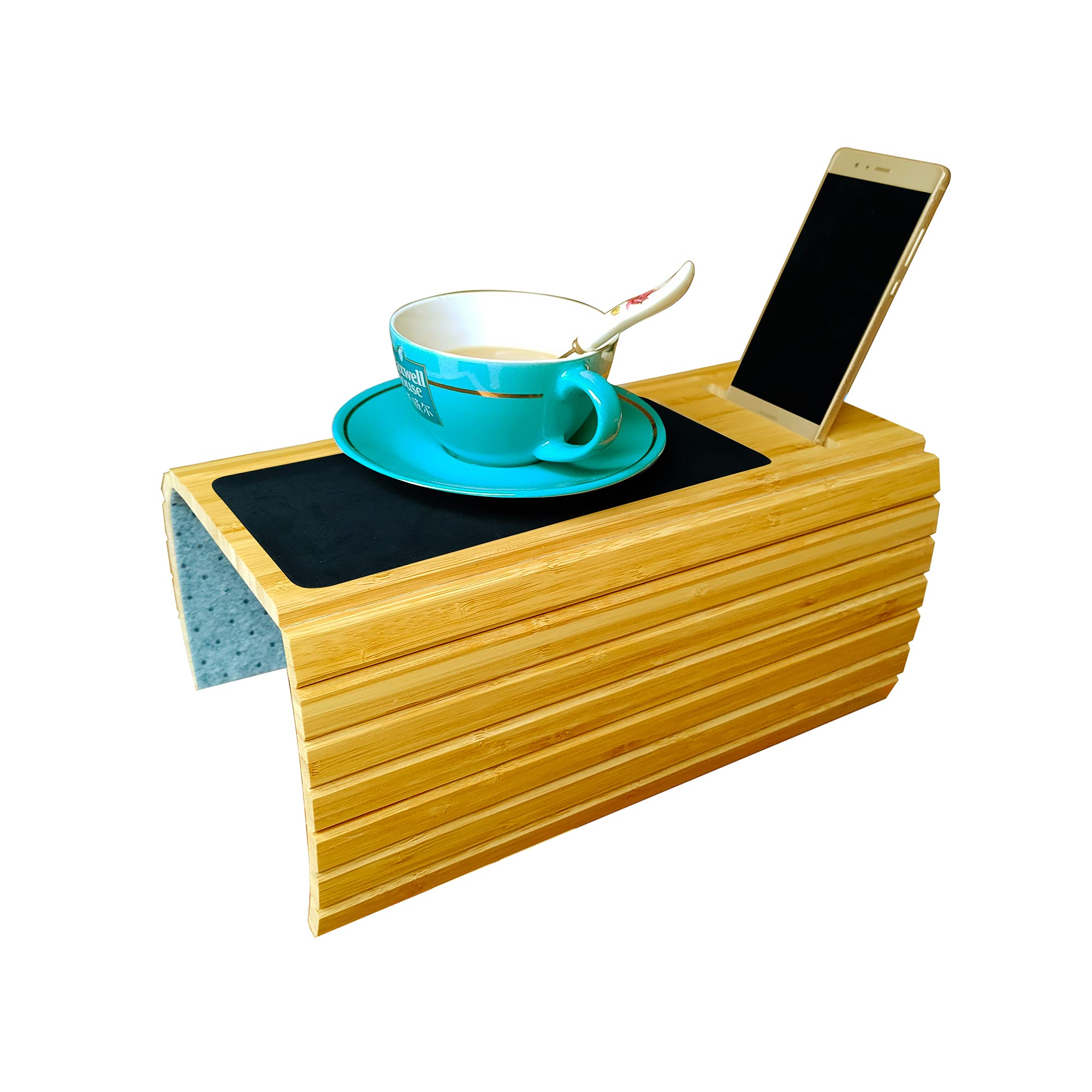 BAMJIUHAO Bamboo Wood Sofa Arm Tray - Flexible Couch Armrest Table for Drinks, Snacks, Remote & Phone - Natural Color - Perfect for Living Room, Bedroom & Home Theater Relaxation