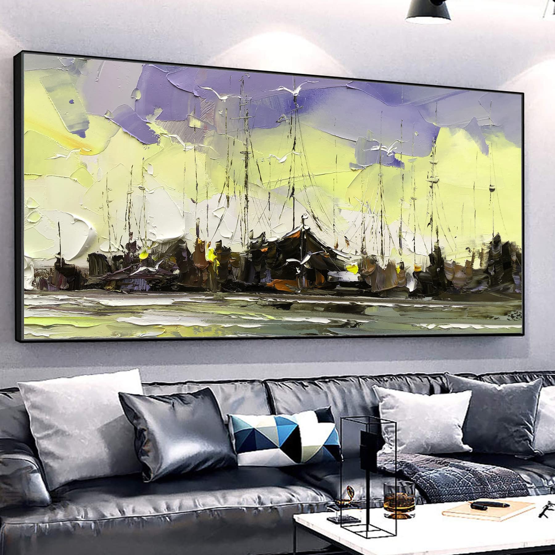 Hand-Painted Original Oil Painting on Canvas - Beach Boat Bathroom Wall Art - Modern Abstract Spring Decor - 64x32 Inch Unframed - Perfect for Living Room, Bedroom, Office & Gift Giving