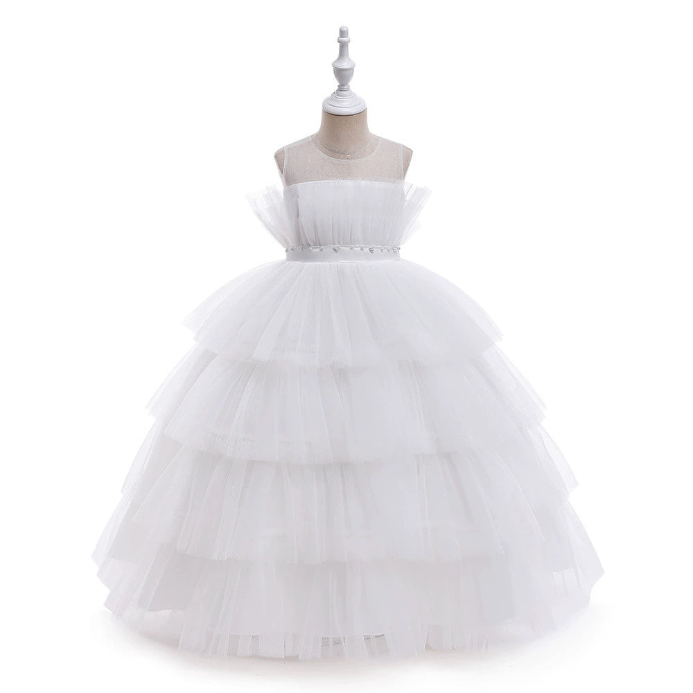 Princess Round Floor Length Tulle Flower Girl Dress in White - Perfect for Weddings, Baptisms & Special Occasions