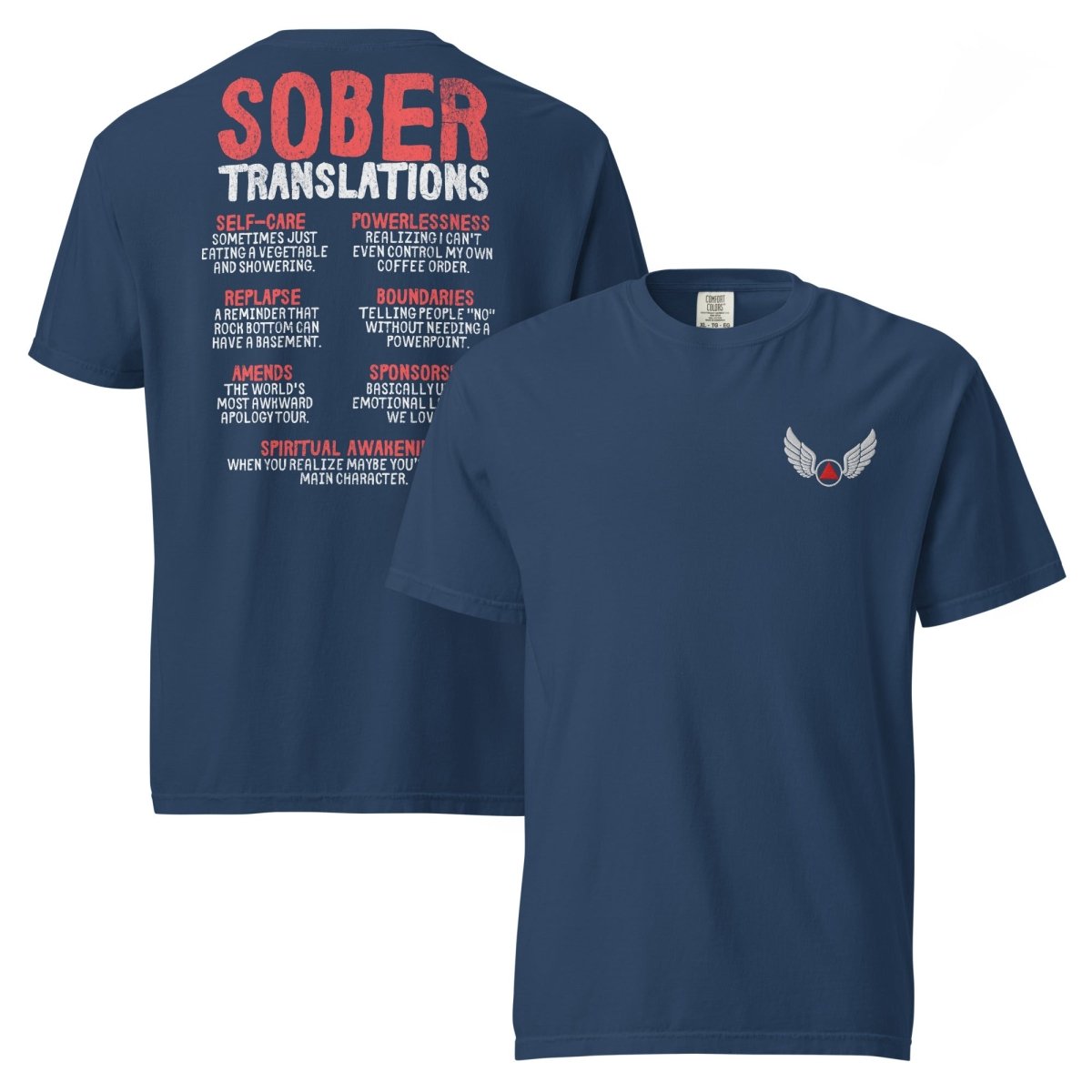 Wings of Recovery Embroidered Premium T-Shirt - Sober Translations Vol.3 | Motivational Recovery Apparel for AA Meetings & Sober Living