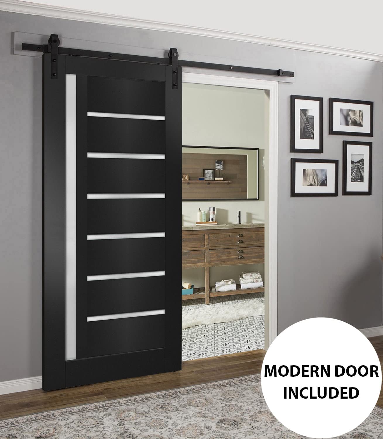 SARTODOORS 42x96 Inch Frosted Glass Barn Door with Matte Black Quadro 4088 Hardware - Heavy Duty Top Mount 8FT Rail Hangers for Interior Sliding Doors | Perfect for Bedrooms, Closets & Room Dividers
