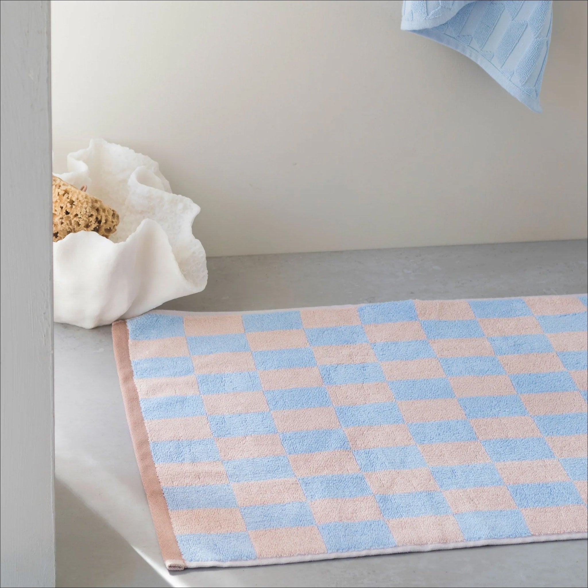 METTE DITMER Vintage Organic Cotton Bath Mat 50x80cm - Soft Light Blue Non-Slip Bathroom Rug for Shower, Tub & Vanity Area