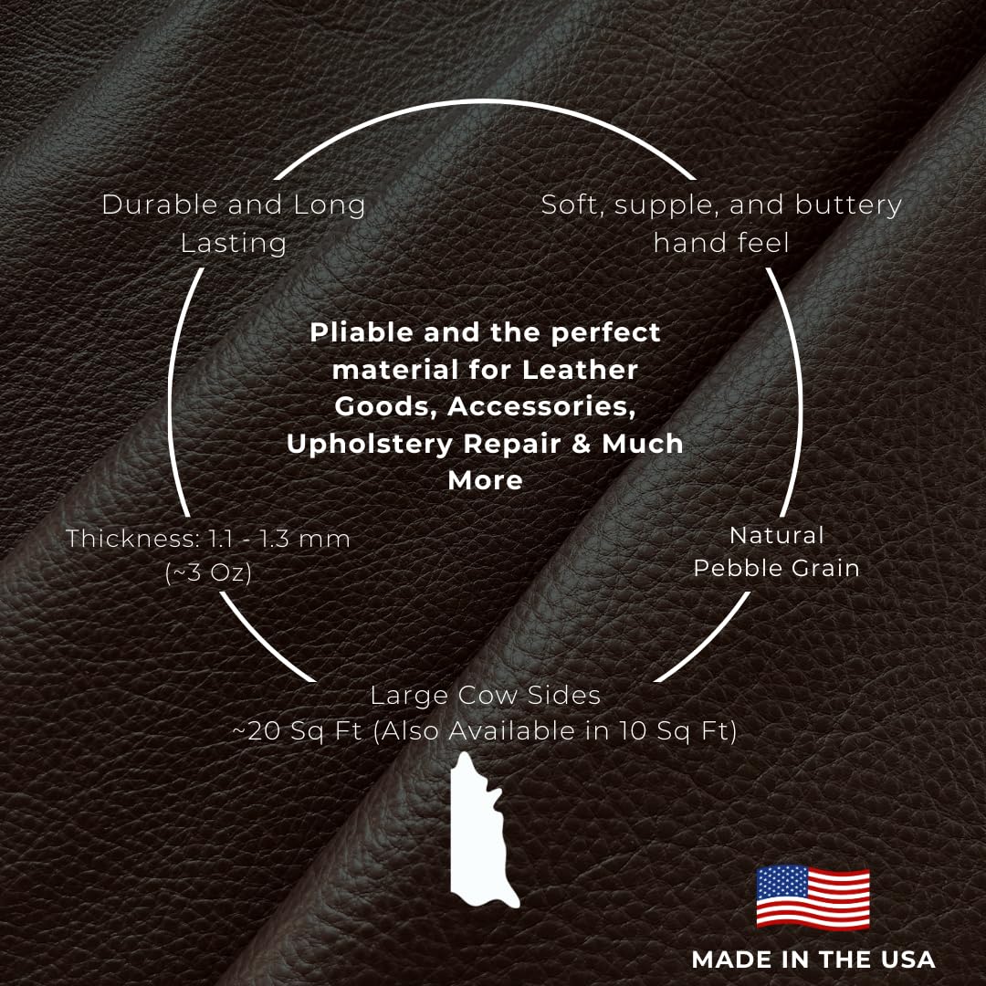 Premium Natural Grain Cowhide Leather - Chocolate Brown, 20 Sq Ft Full Side - Perfect for DIY Crafts, Upholstery, Handbags & Leatherworking Projects