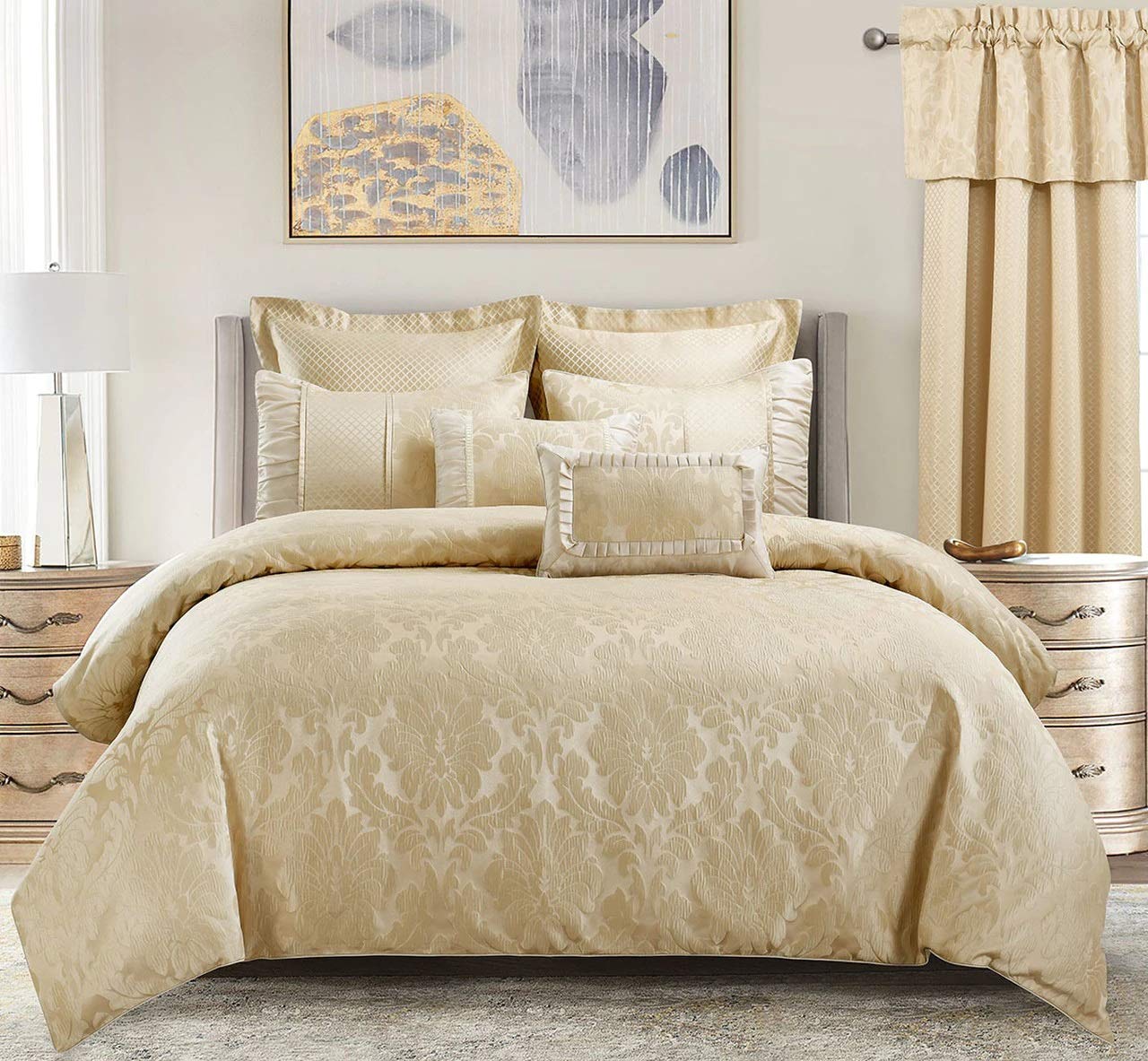 13-Piece California King Bed in a Bag Set - Beige Duvet Cover, 100% Cotton Sheets, Bed Skirt & Down Alternative Comforter | Complete Luxury Bedding for Master Bedrooms & Guest Suites
