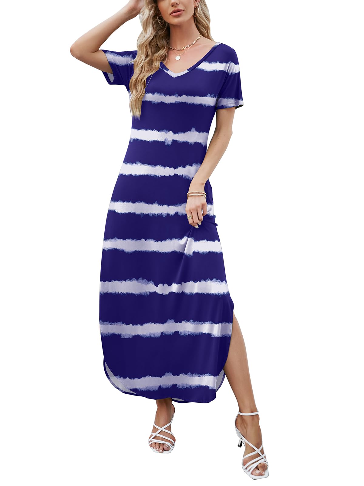 HUSKARY Women's Summer Maxi Dress - Casual Loose Long Dress with Pockets, Short Sleeve & Side Slit (White/Blue) | Perfect for Beach, Vacation & Everyday Wear