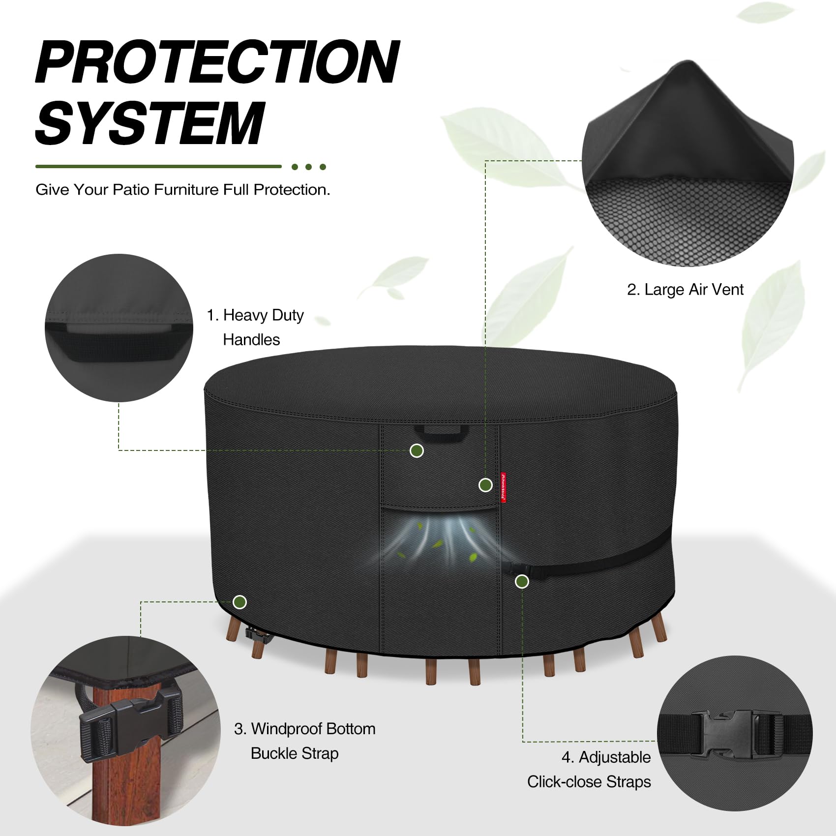Waterproof 600D Heavy Duty Round Patio Furniture Cover - 96 Inch Outdoor Table and Chairs Protector for Porch, Deck, Garden (Black) | All-Weather Protection for Rain, Snow & UV Rays