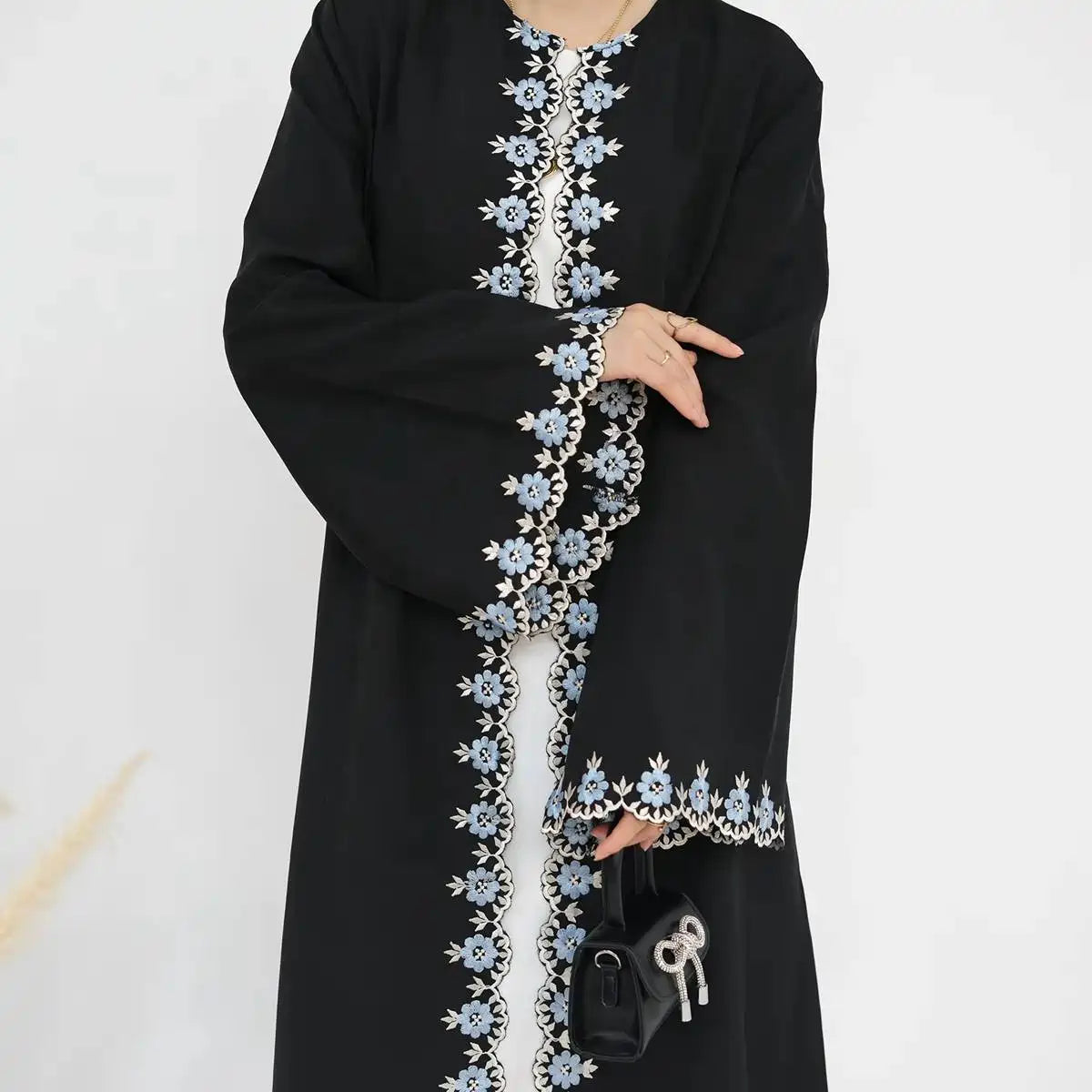 Floral Embroidered Nida Cardigan Open Abaya Dress for Women - Elegant Muslim Abaya with Embroidery Details for Prayer, Mosque, and Special Occasions