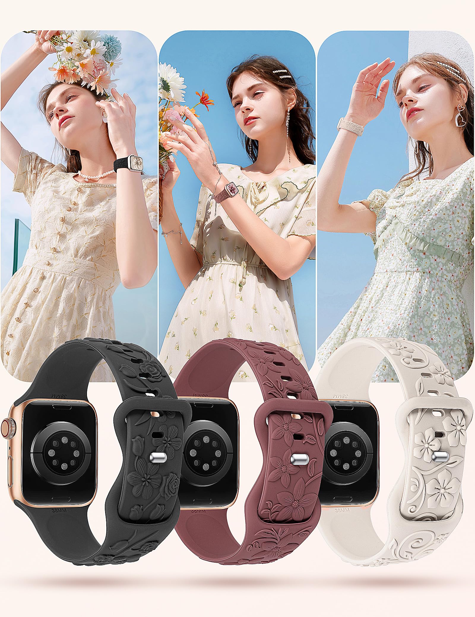 TOYOUTHS 3 Pack Floral Engraved Apple Watch Bands for Women - Soft Silicone Bracelet Compatible with iWatch Series SE/9/8/7/6/5/4/3/2/1 (38mm/40mm/41mm/42mm) - Cute Embossed Flower Design in Starlight/Violet/Black - Perfect for Workout, Daily Wear & Fashion Accessories