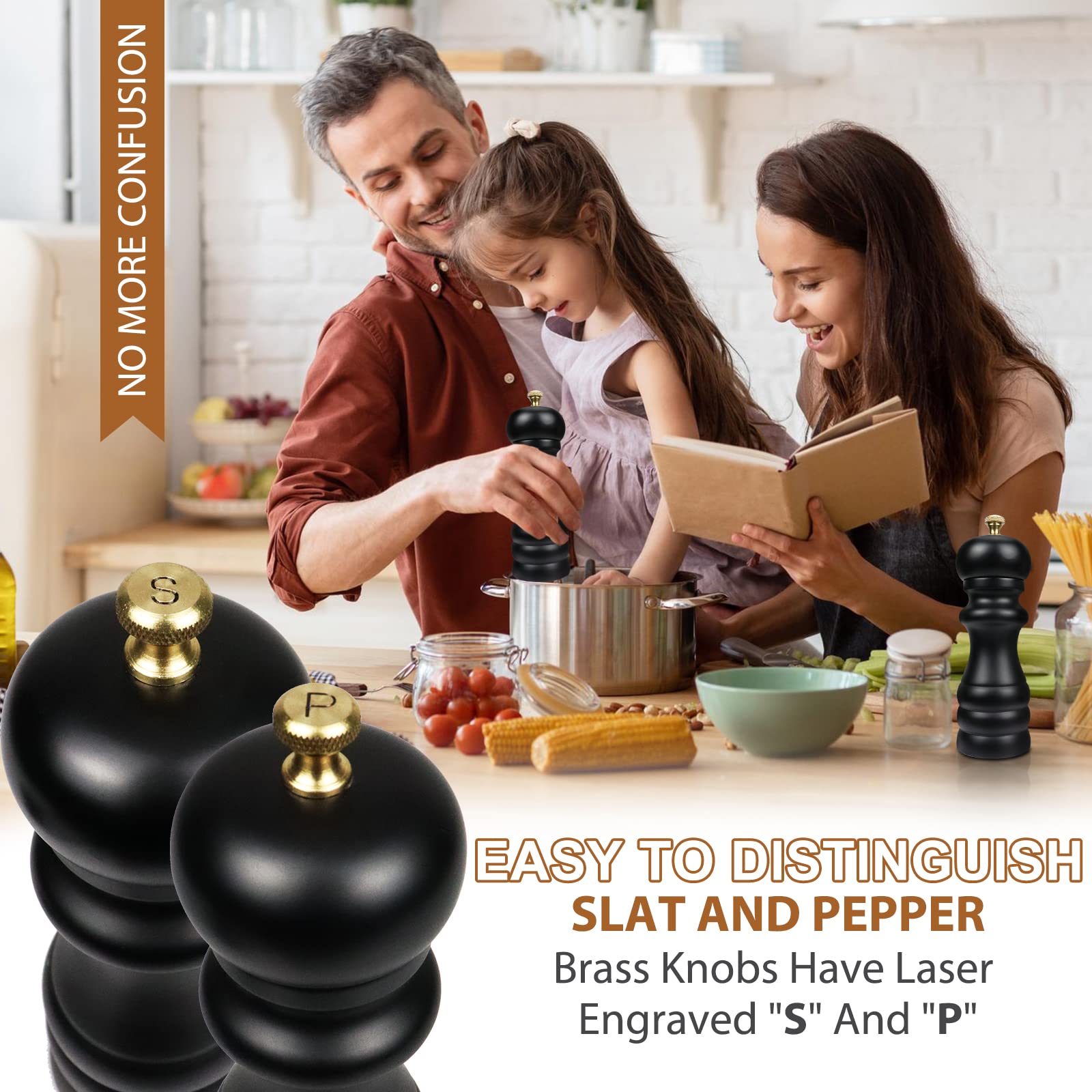 Premium 2-Piece Wooden Salt and Pepper Grinder Set - Adjustable Coarseness, Ceramic Rotor, Refillable Spice Mill - Matt Black Kitchen Essentials (16.5cm) for Home Cooking, Dining & Gourmet Seasoning