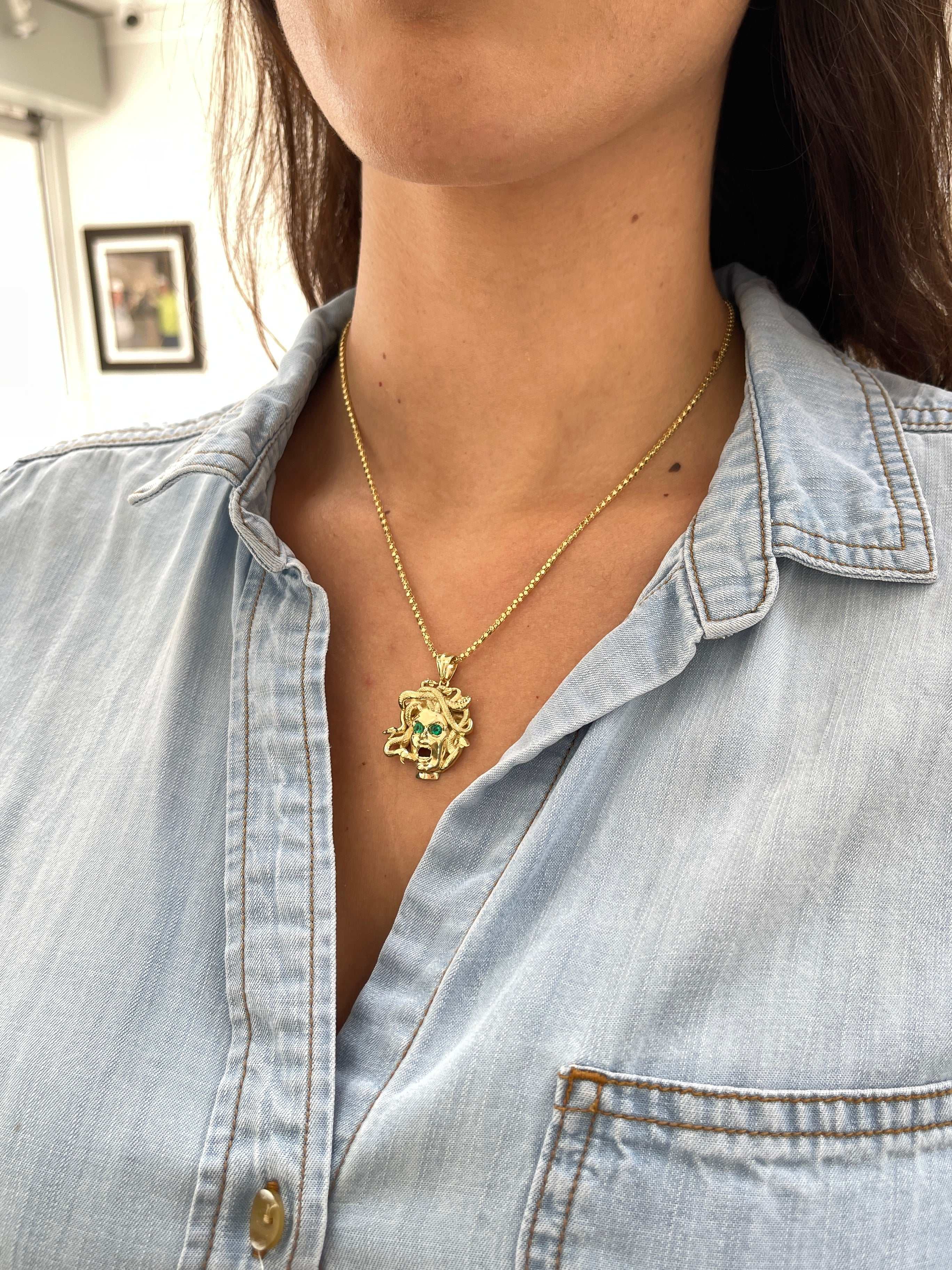 14K Solid Gold Emerald Medusa Head Pendant Necklace for Women - Elegant Greek Mythology Jewelry Gift for Birthday, Anniversary & Special Occasions