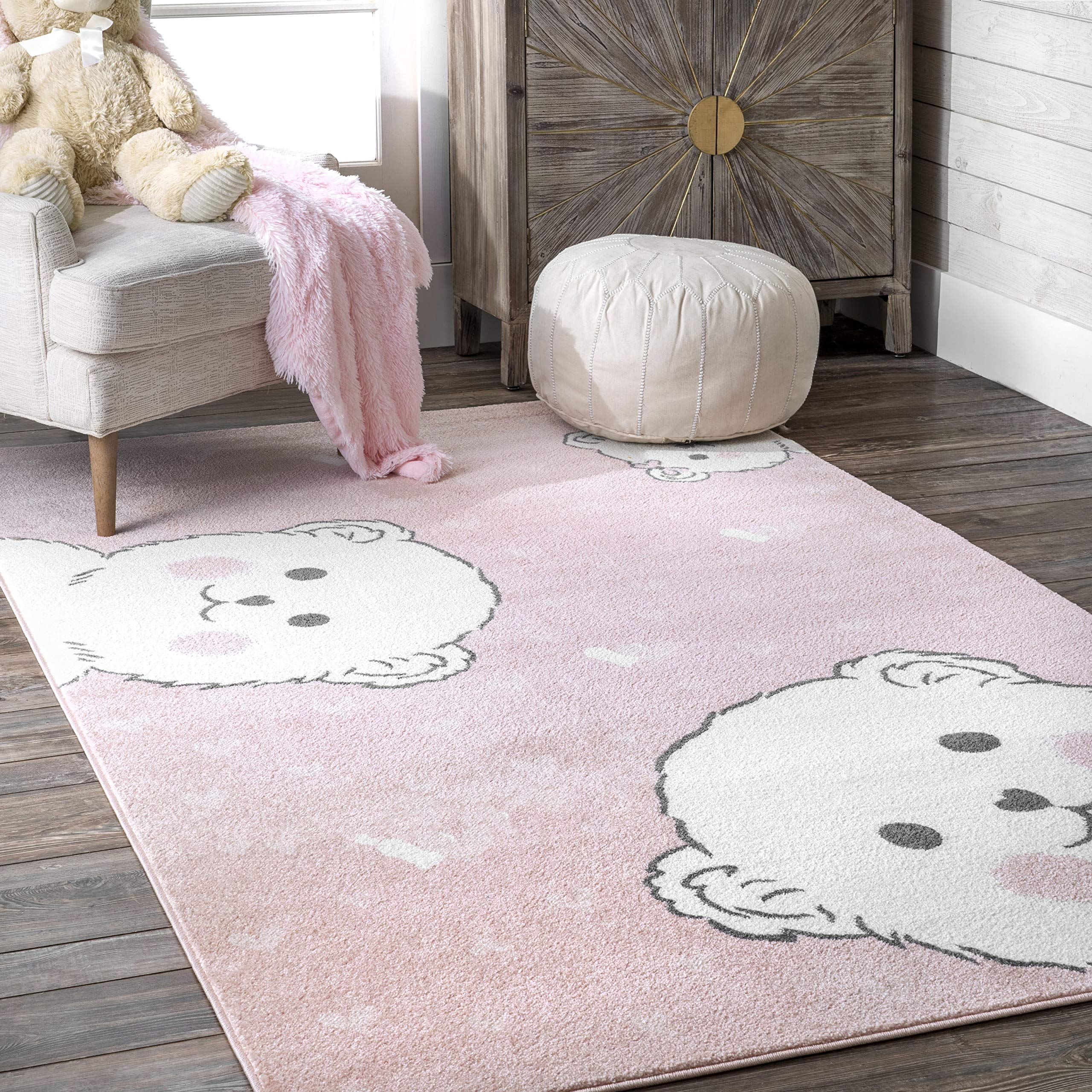 nuLOOM Harlee Kids Bear Nursery or Playroom Area Rug, 7x9 Feet, Soft Pink - Perfect for Baby Room Decor, Toddler Play Mat, and Children's Bedroom Floor Covering