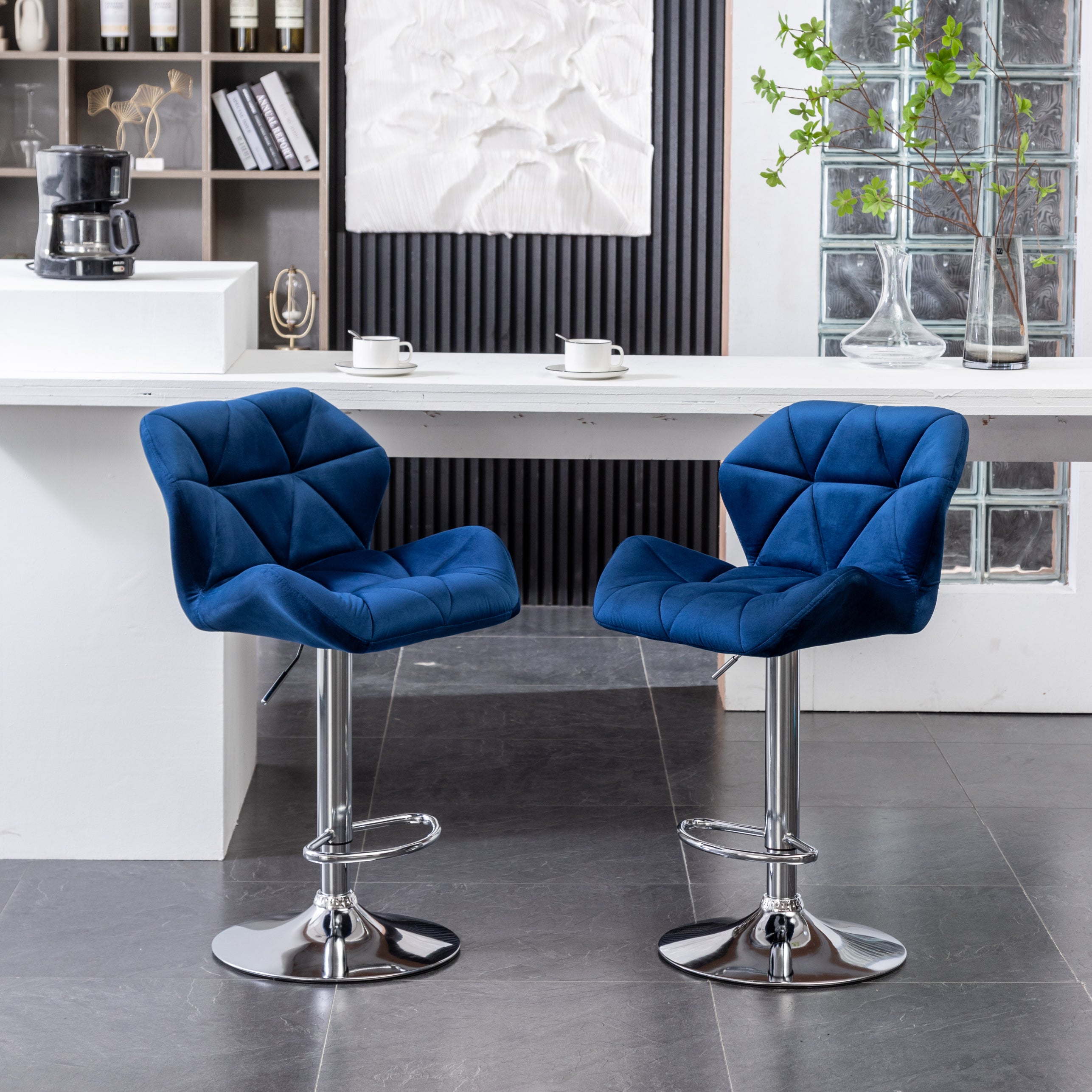 Roundhill Furniture Breni Velvet Diamond Tufted Swivel Adjustable Height Bar Stool - Set of 2, Navy Blue Velvet Upholstery - Perfect for Kitchen Islands, Home Bars & Breakfast Nooks