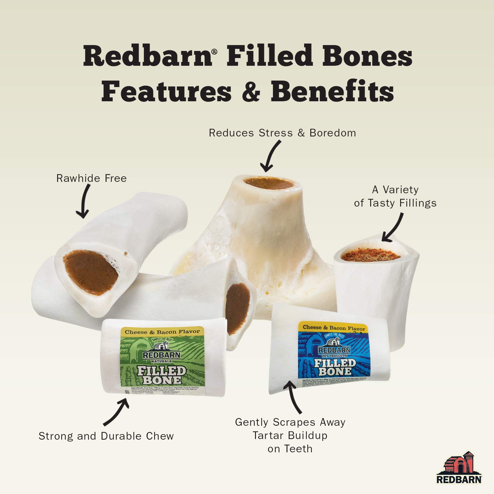 Redbarn Filled Dog Bones - Natural Peanut Butter, Cheese & Bacon, Beef Flavors - Long-Lasting Dental Chews for Aggressive Chewers | Perfect for Training Rewards & Teeth Cleaning at Home