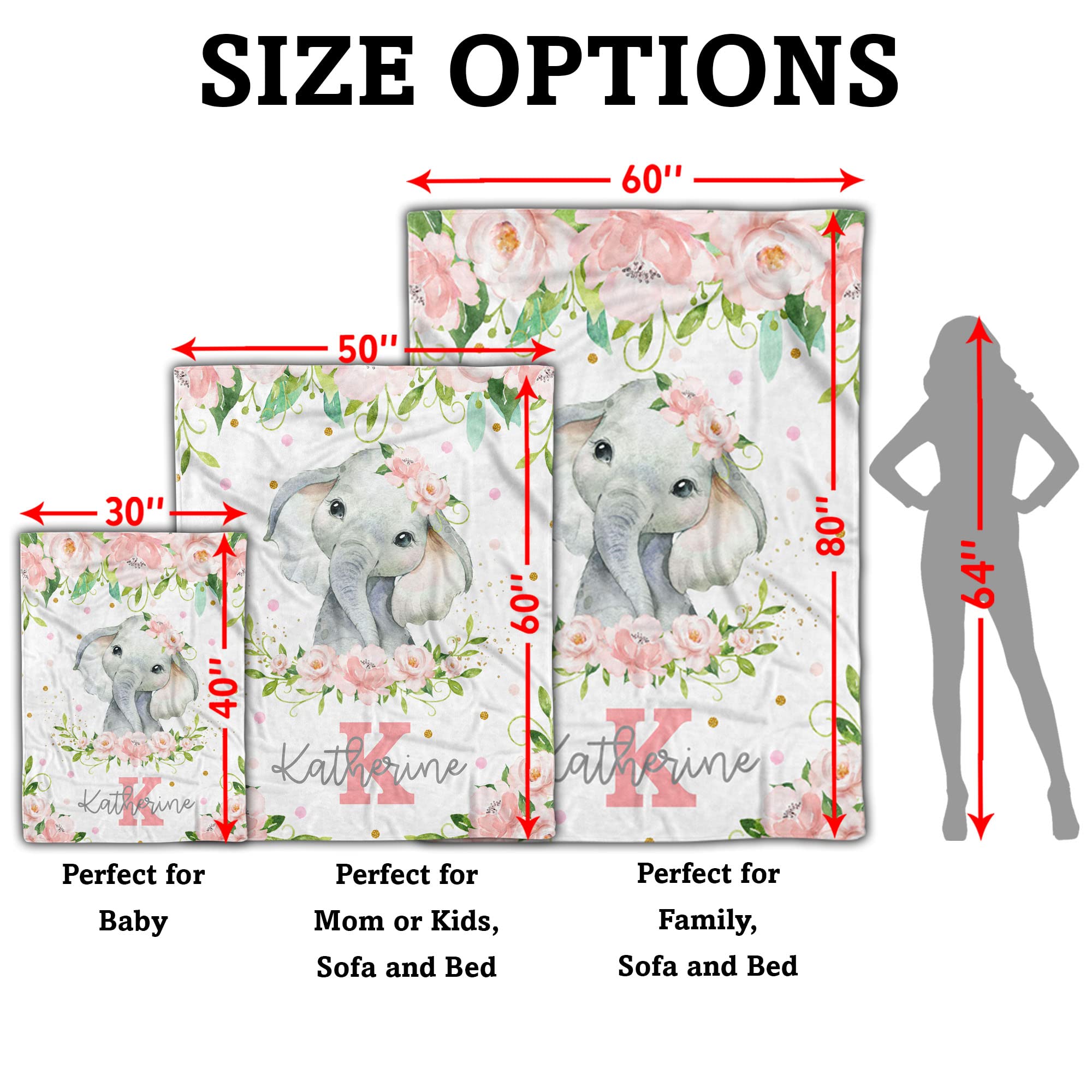 Personalized Baby Blankets for Girls - Custom Elephant Design, Super Soft Plush Fleece 30