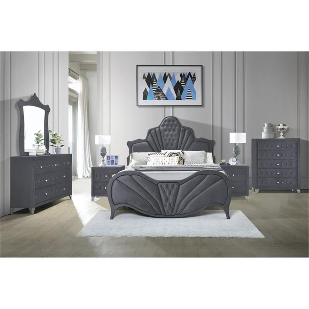 Acme Dante Eastern King Size Bed Frame in Gray Velvet Fabric - Luxurious Upholstered Platform Bed for Master Bedroom, Guest Room & Modern Home Decor