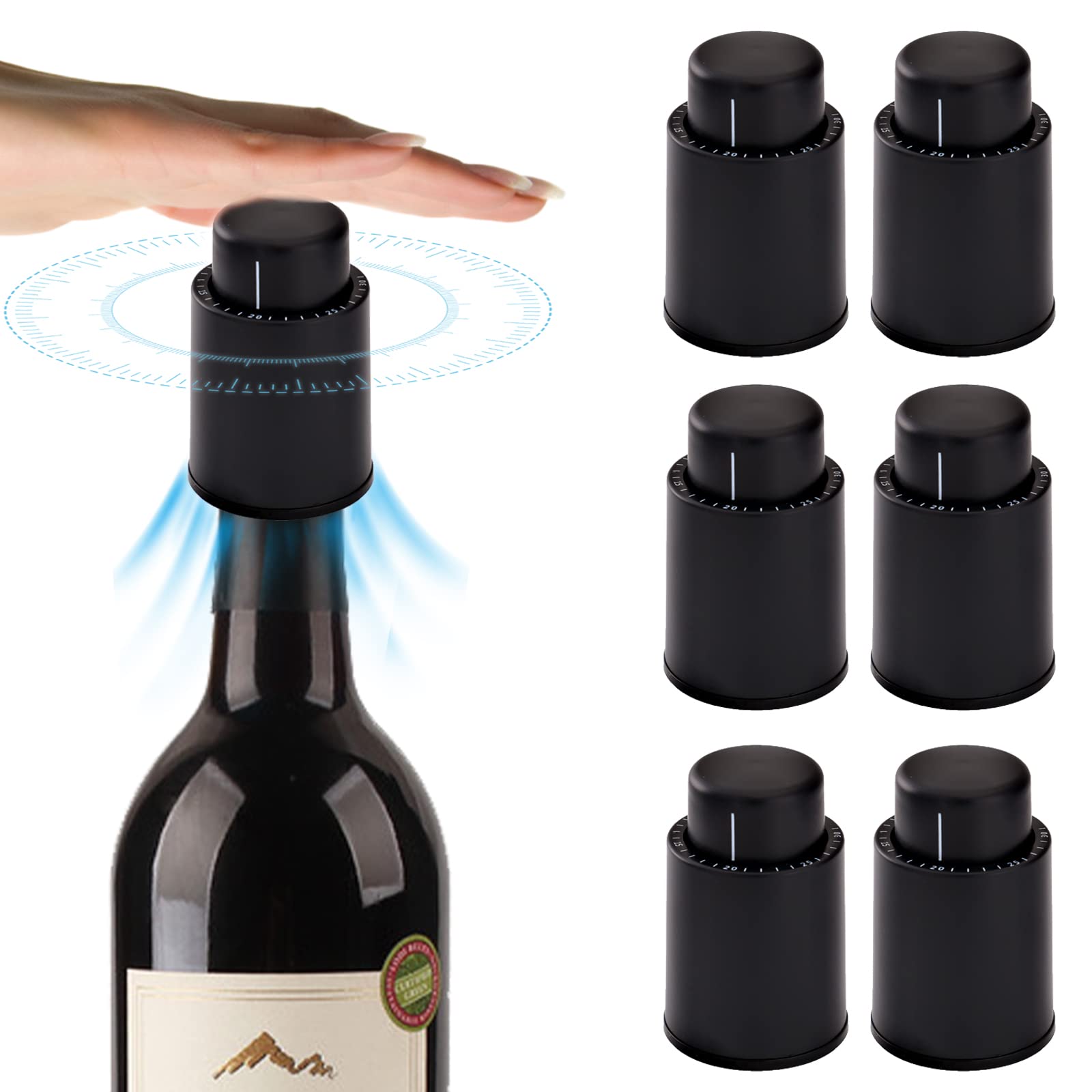 Premium Wine Vacuum Pump Stoppers - 6pcs Black Wine Saver Stoppers for Glass Bottles | Extend Wine Freshness | Perfect for Home Bars, Parties & Wine Storage